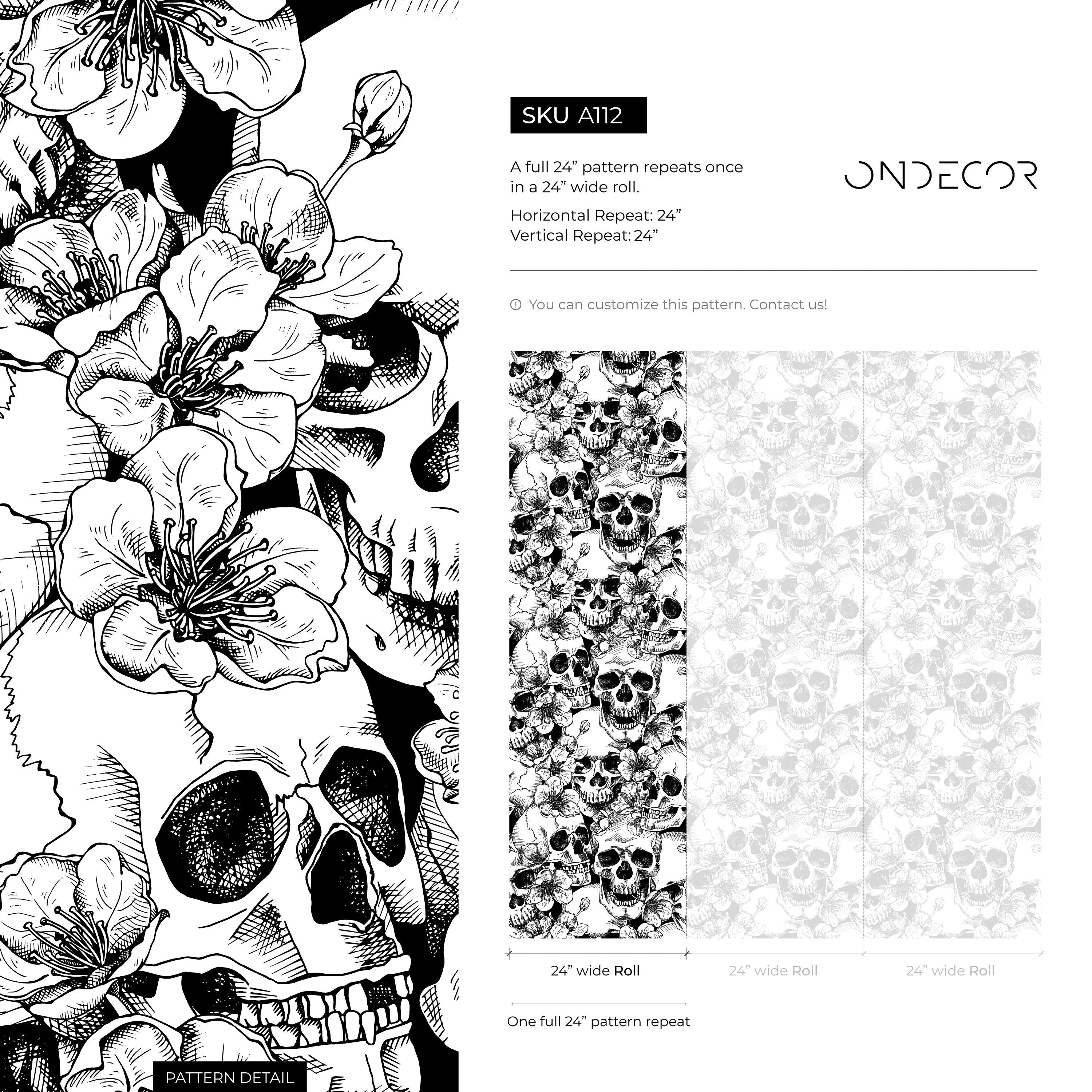 Gothic Wallpaper With Skulls And Blossoms In Black And White - A112