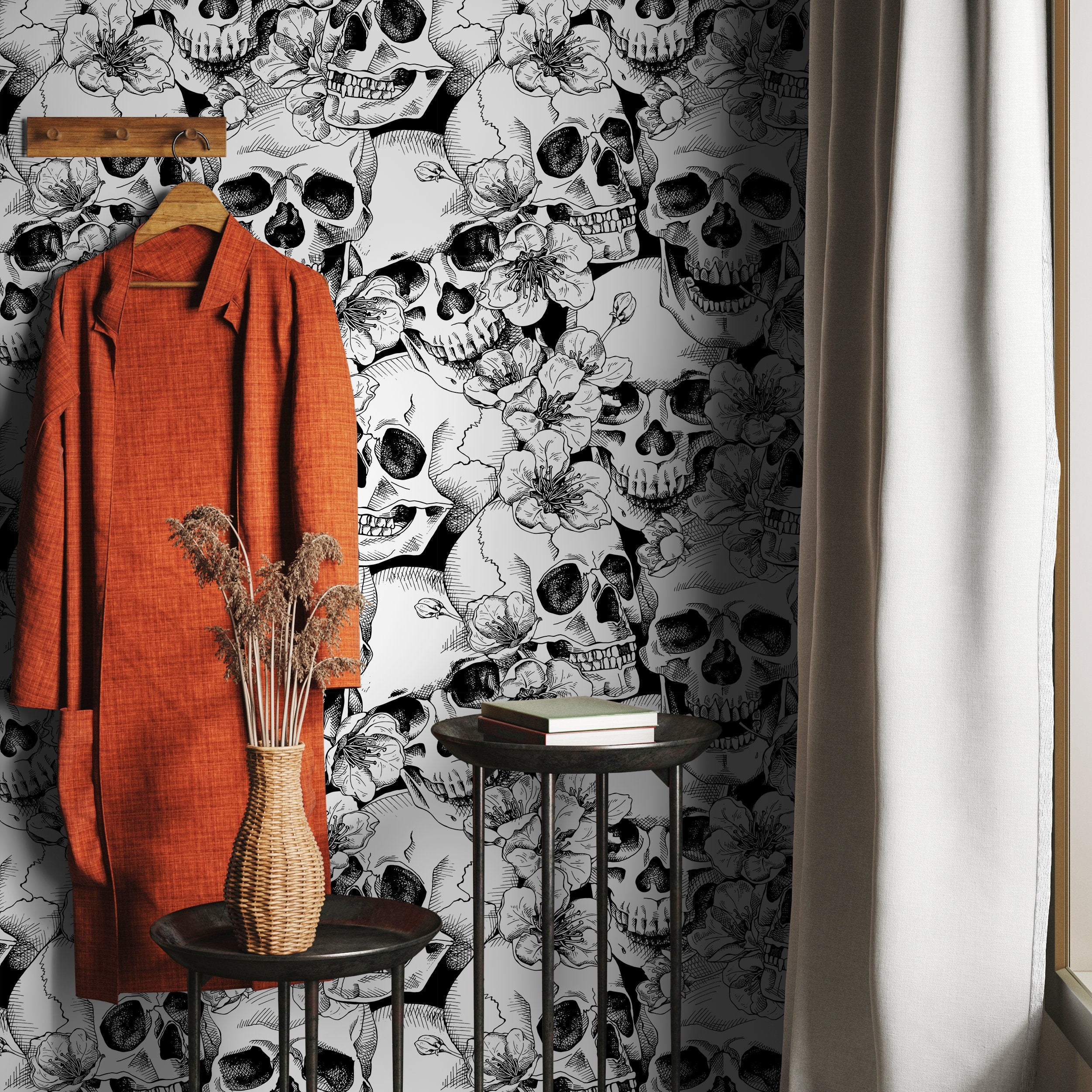 Gothic Wallpaper With Skulls And Blossoms In Black And White - A112