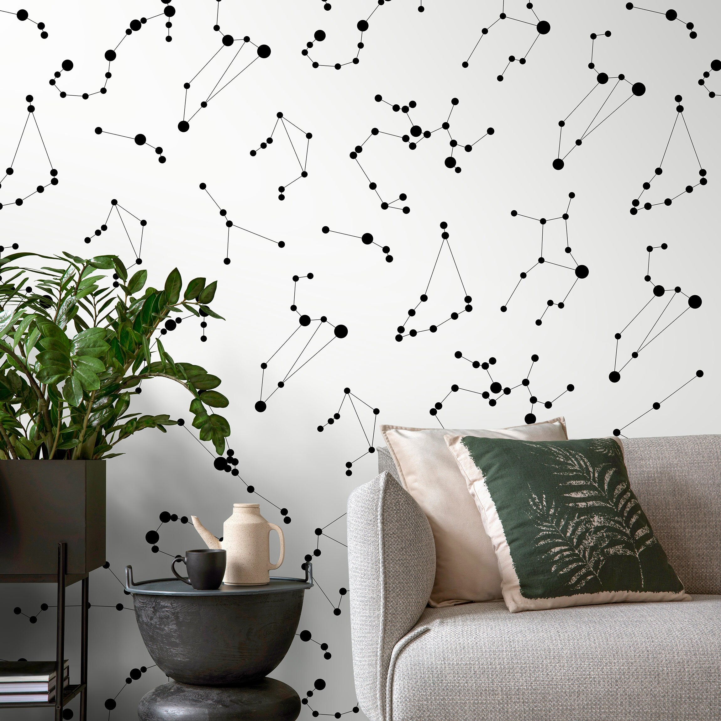 Celestial Wallpaper Featuring Zodiac Constellations In Black And White - A116