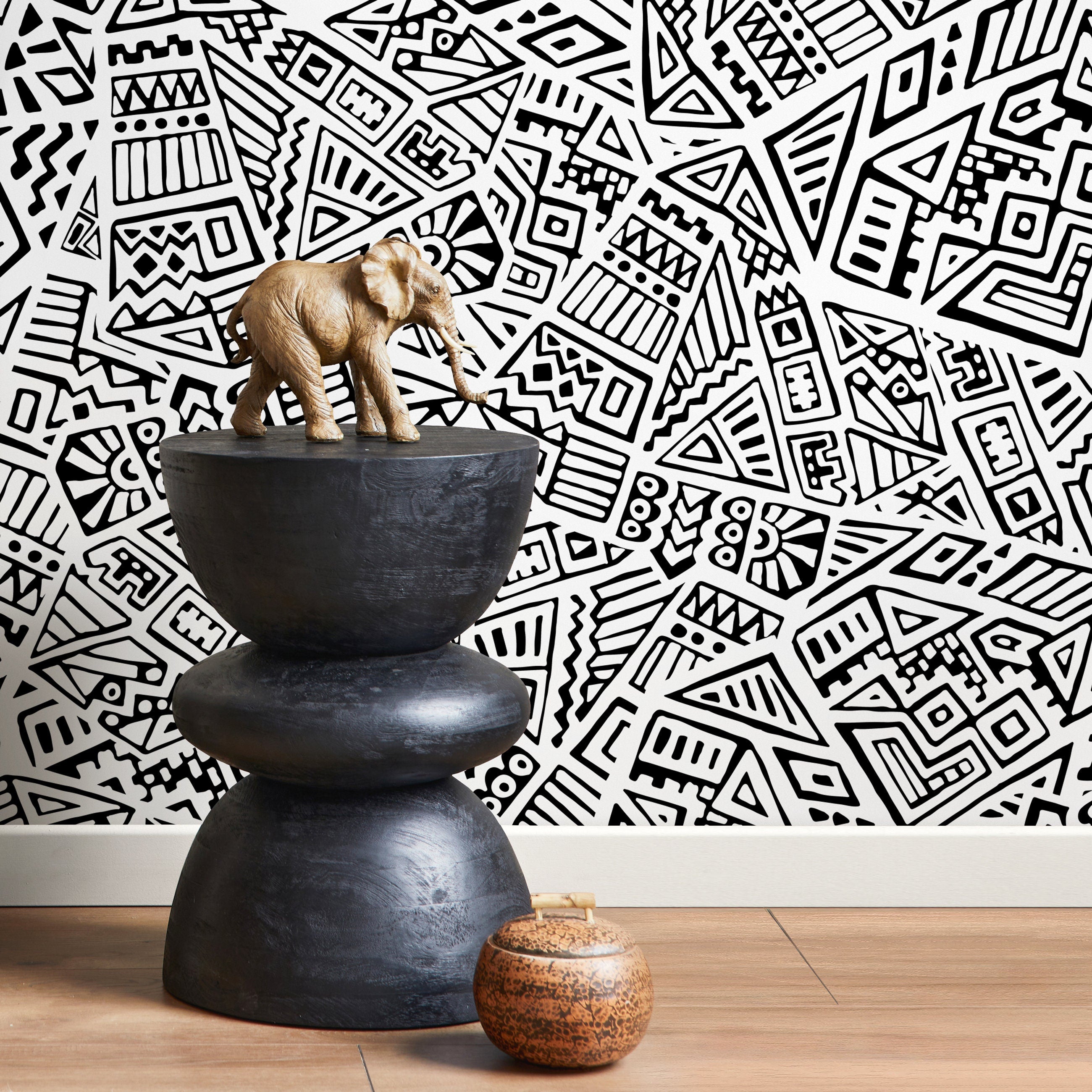Geometric Wallpaper With A Hand-drawn Tribal Motif In Black And White - A117
