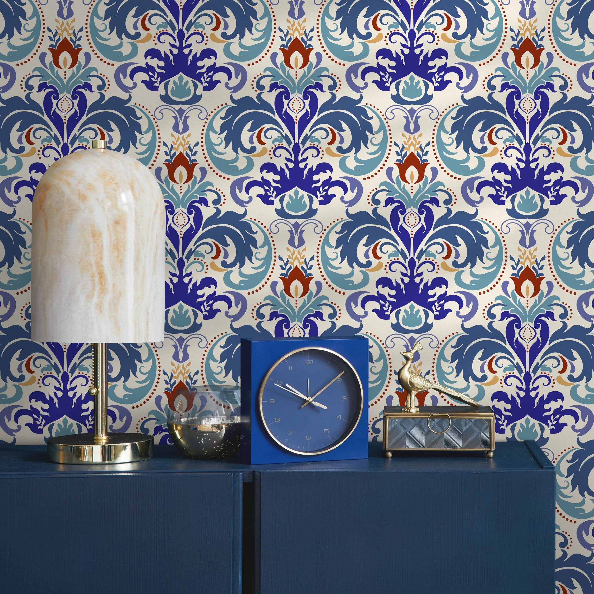 Damask Wallpaper With An Ornate Floral Motif In Blue, Red, And Gold - A119