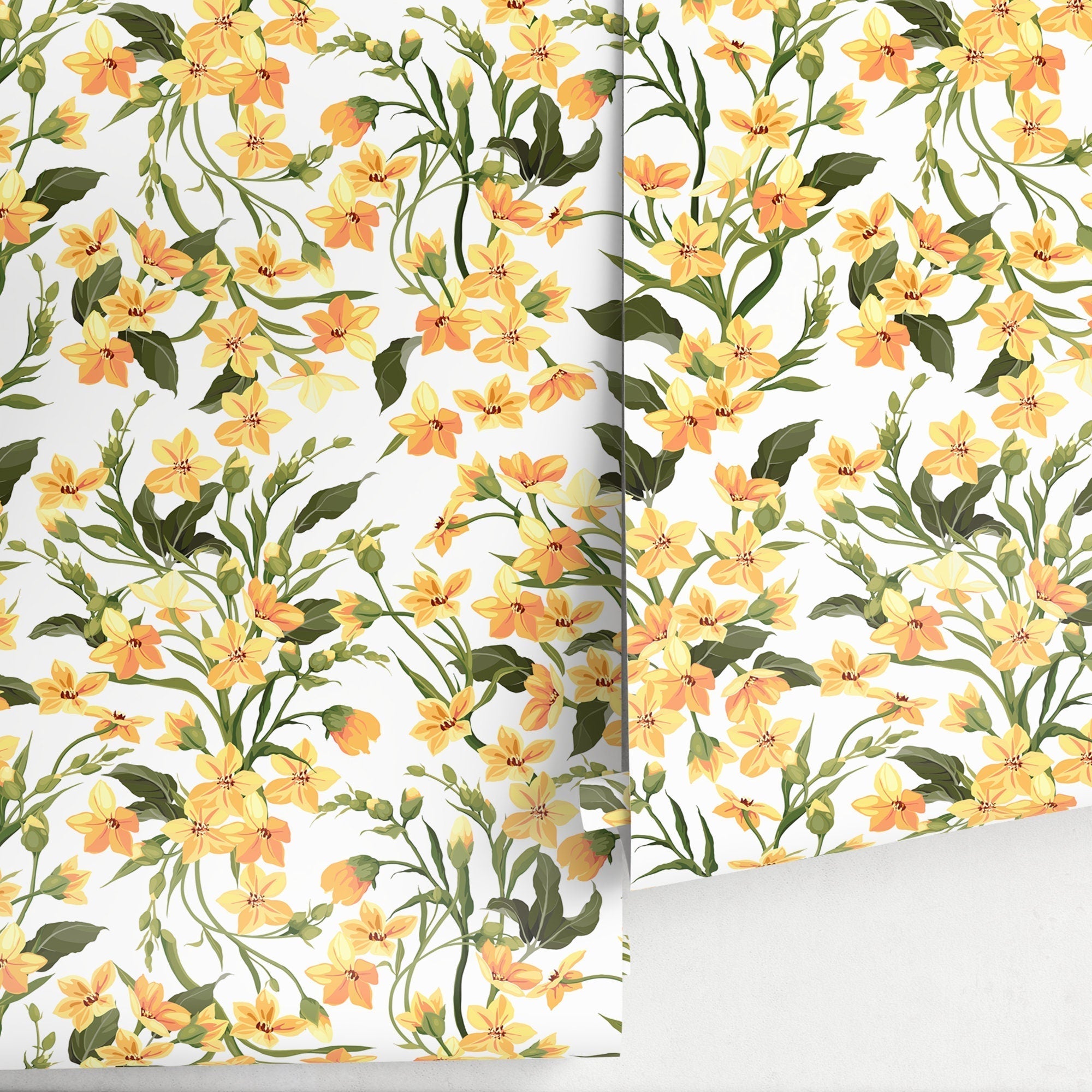 Floral Wallpaper Featuring Small Wildflowers In Yellow, Orange, And Green - A121