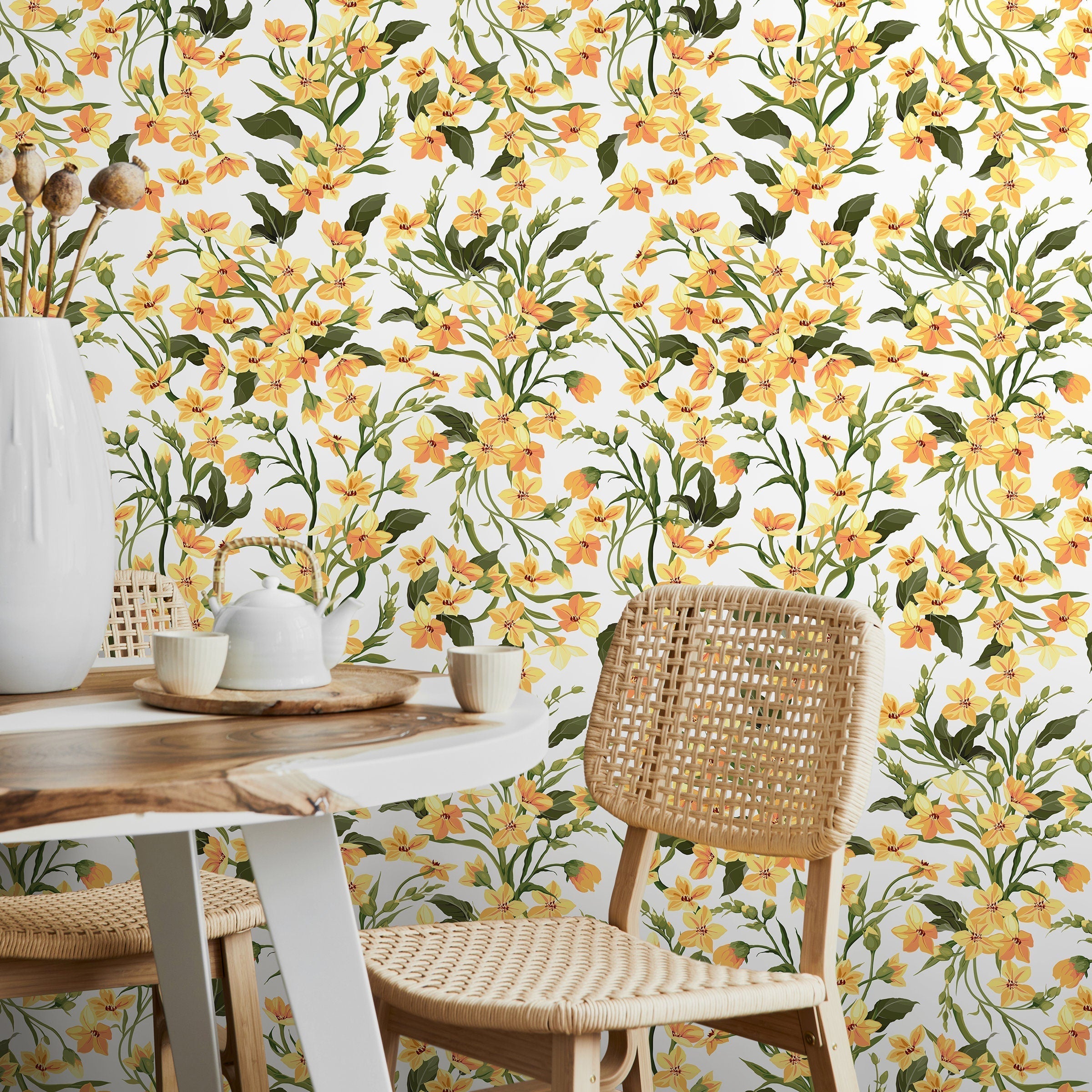 Floral Wallpaper Featuring Small Wildflowers In Yellow, Orange, And Green - A121