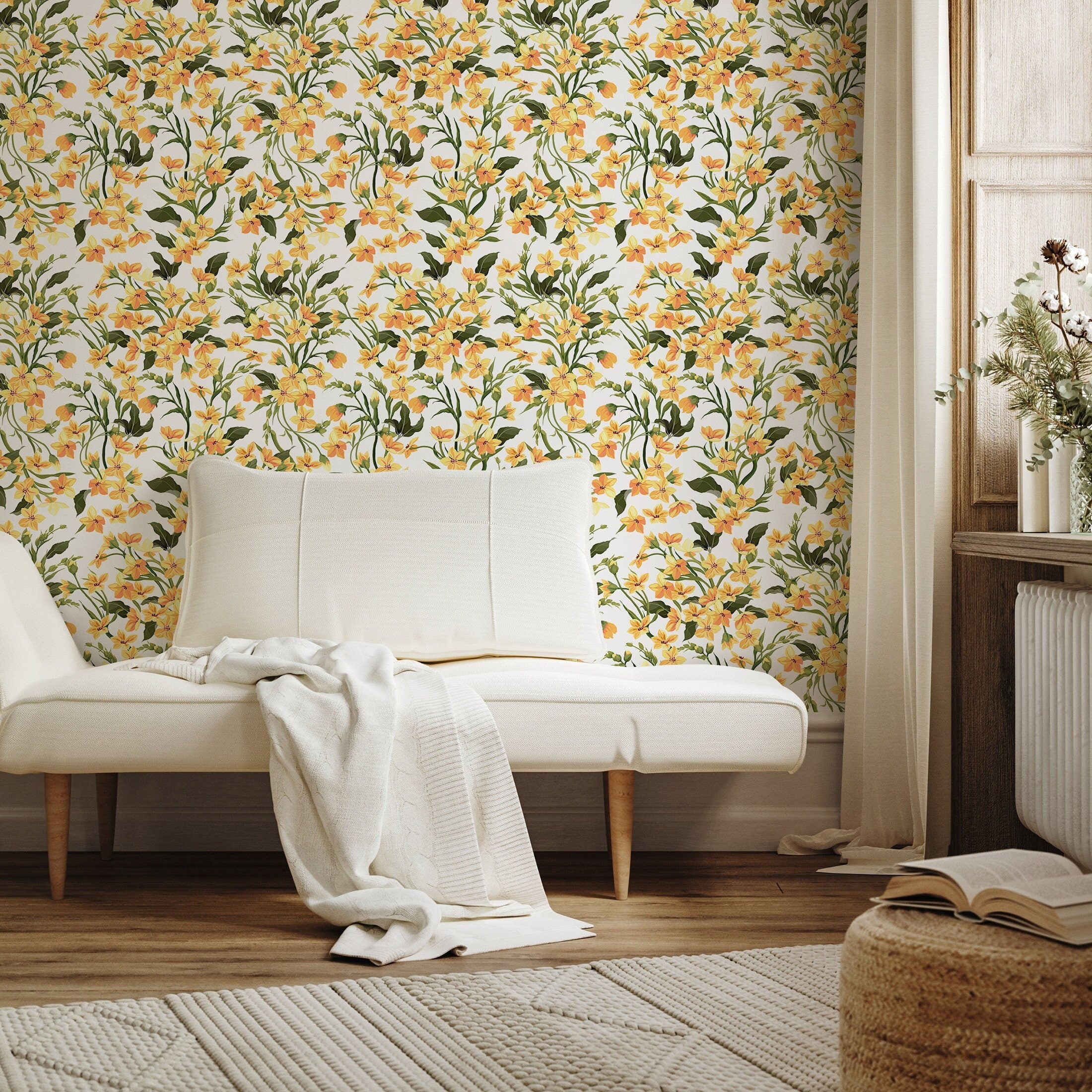 Floral Wallpaper Featuring Small Wildflowers In Yellow, Orange, And Green - A121