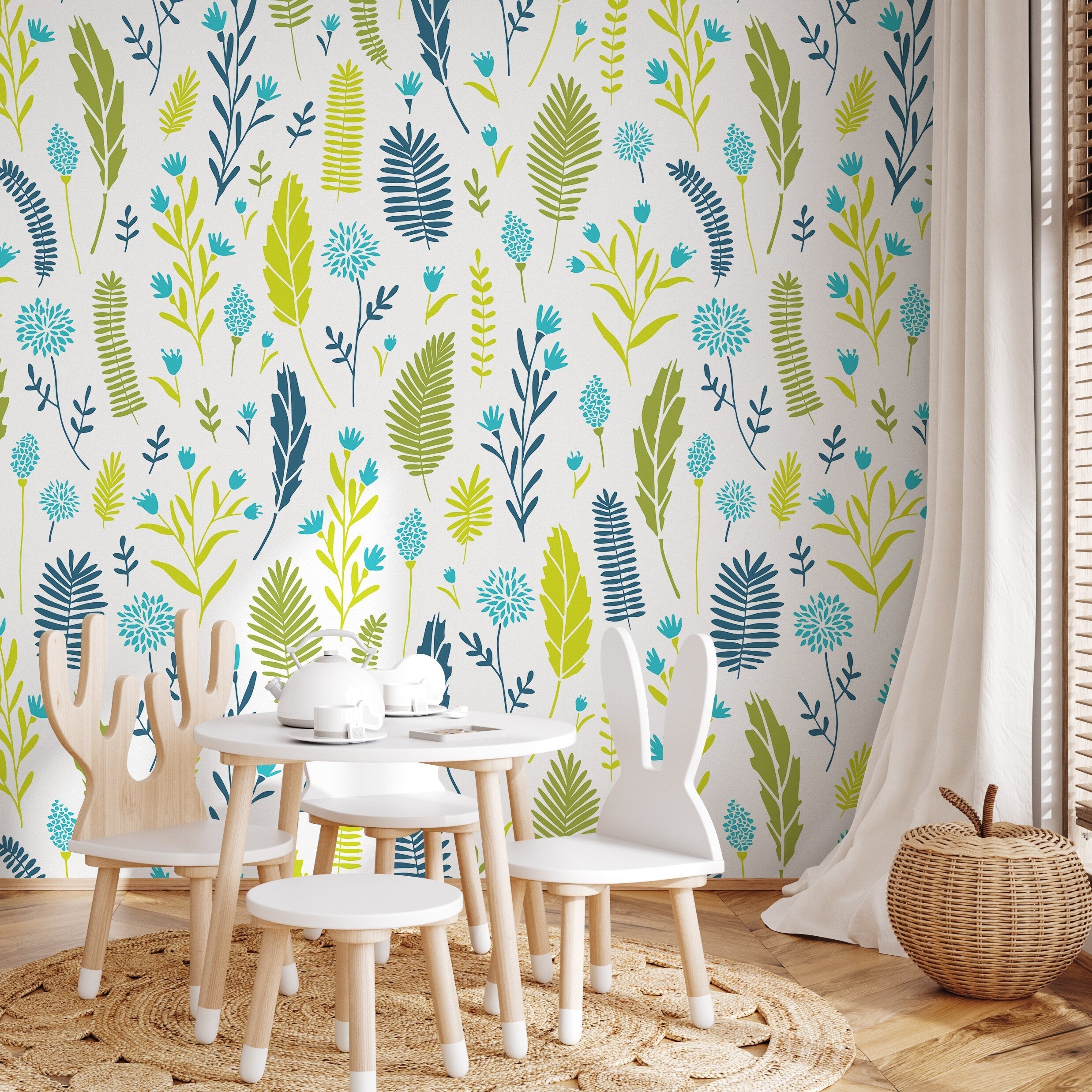 Botanical Wallpaper With Stylized Leaves In Green, Teal, And Blue - A879