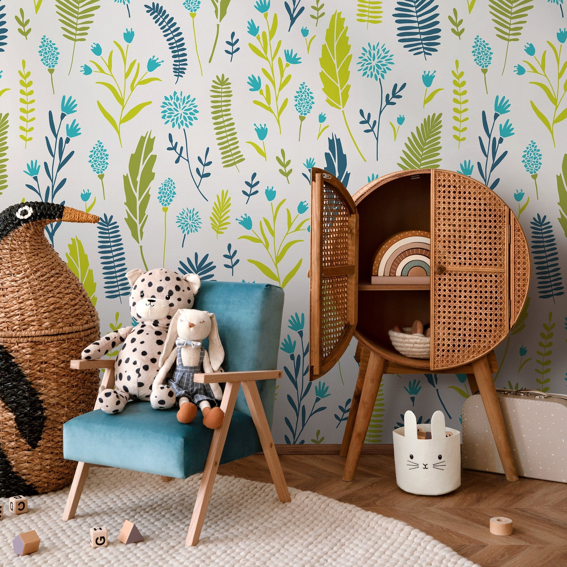 Botanical Wallpaper With Stylized Leaves In Green, Teal, And Blue - A879