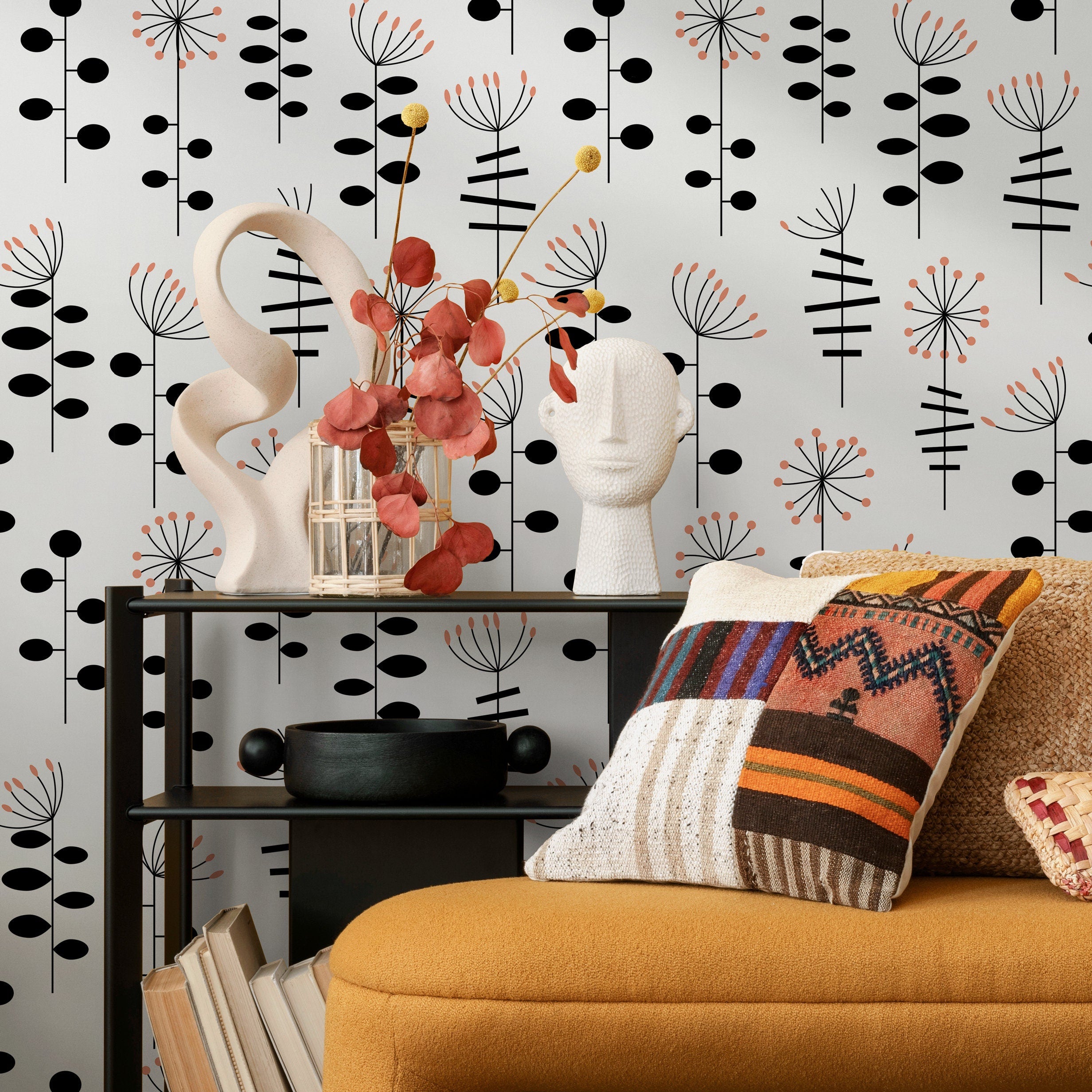 Abstract Floral Wallpaper With Stylized Botanicals In Black And Terracotta - A882