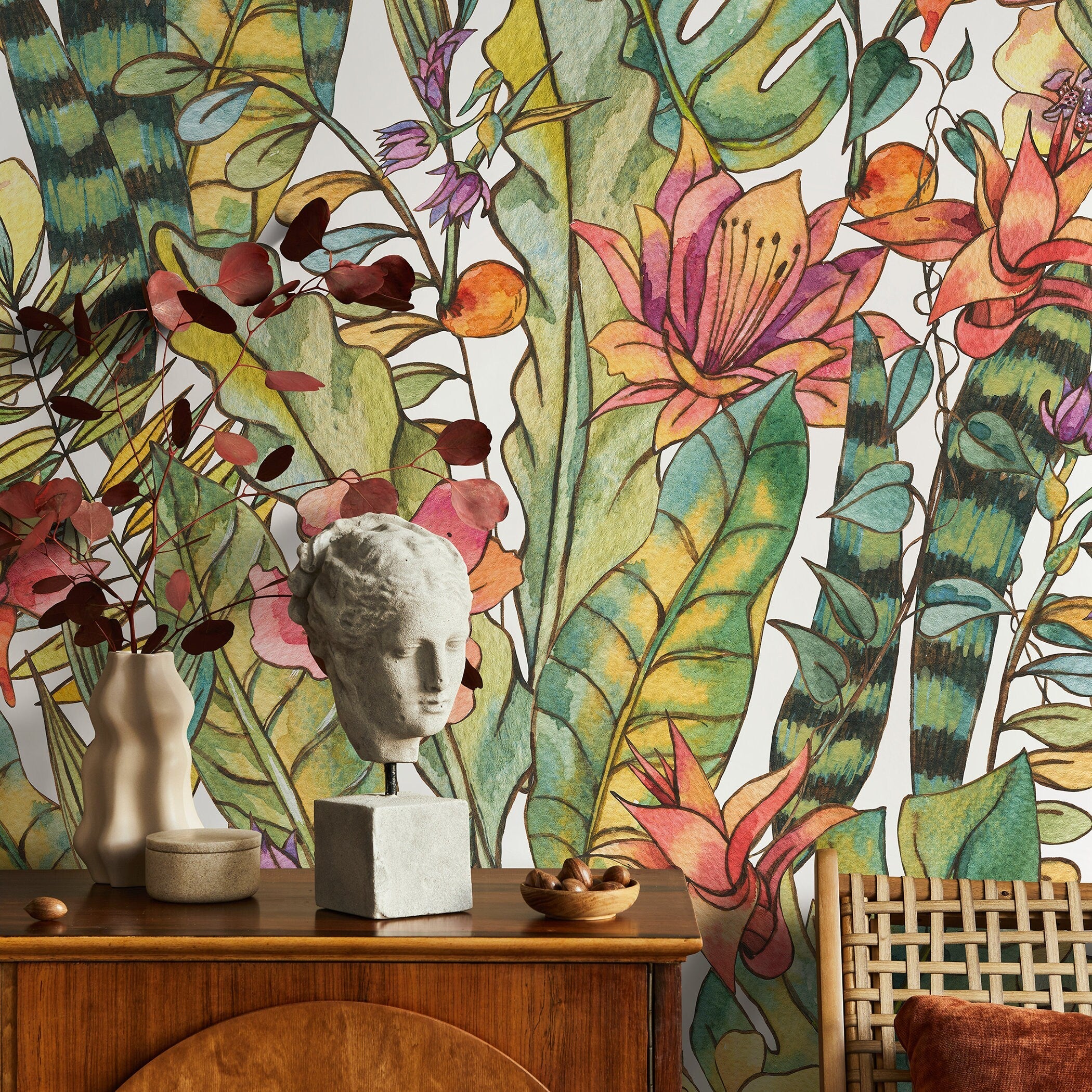 Tropical Wallpaper With A Watercolor Jungle Motif In Green, Pink, And Orange - A896