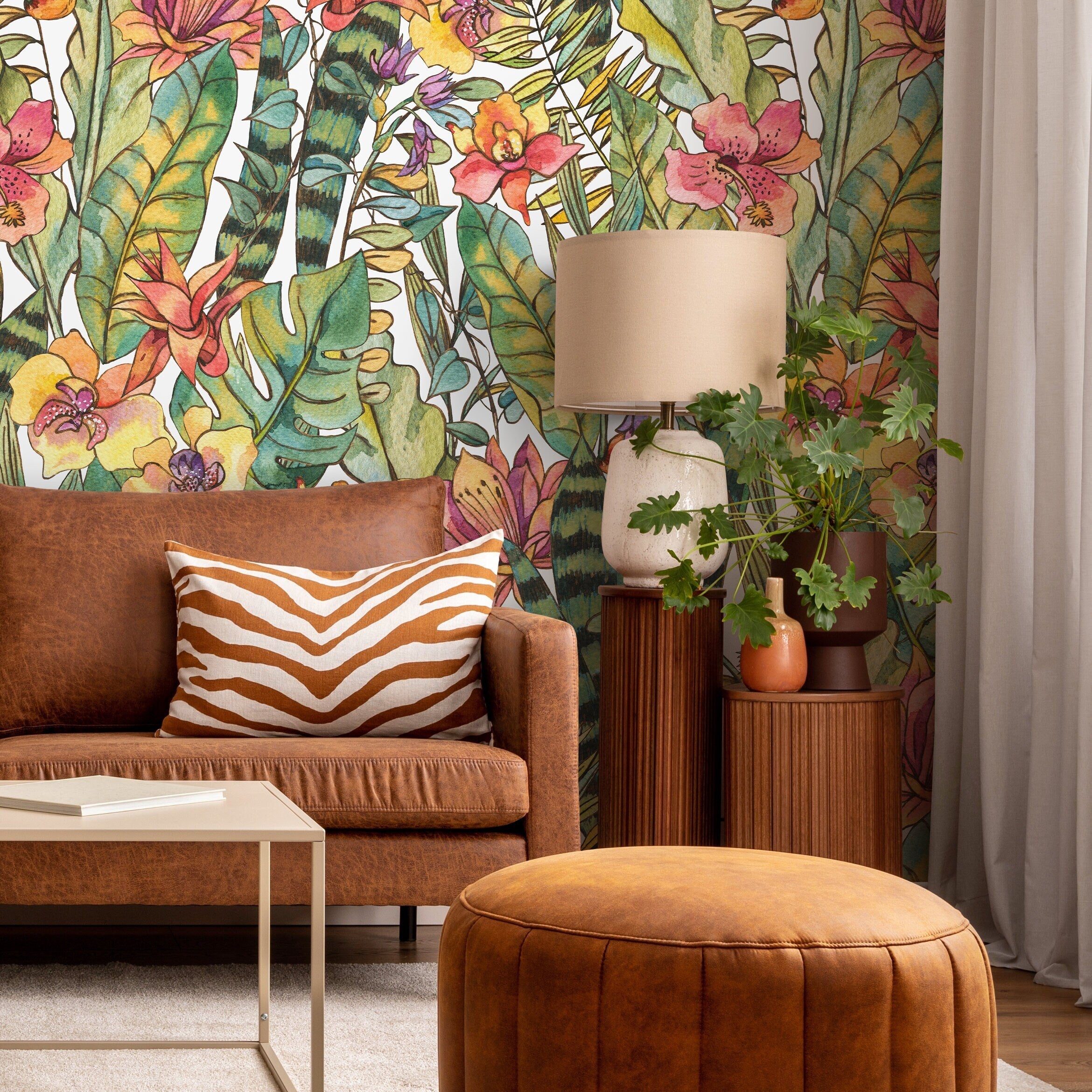 Tropical Wallpaper With A Watercolor Jungle Motif In Green, Pink, And Orange - A896