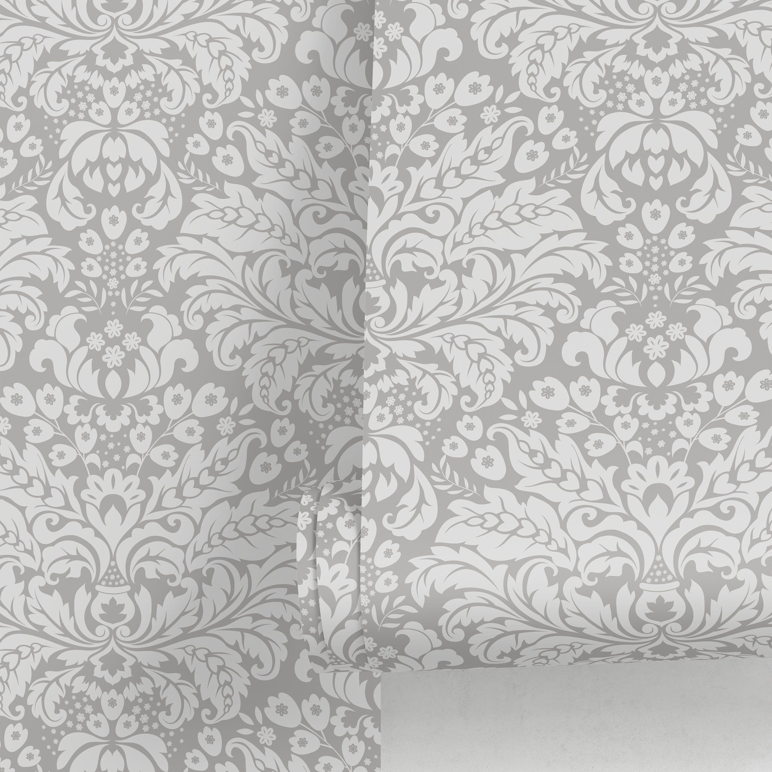 Vintage Damask Wallpaper With An Intricate Floral Motif In Gray And White - A897