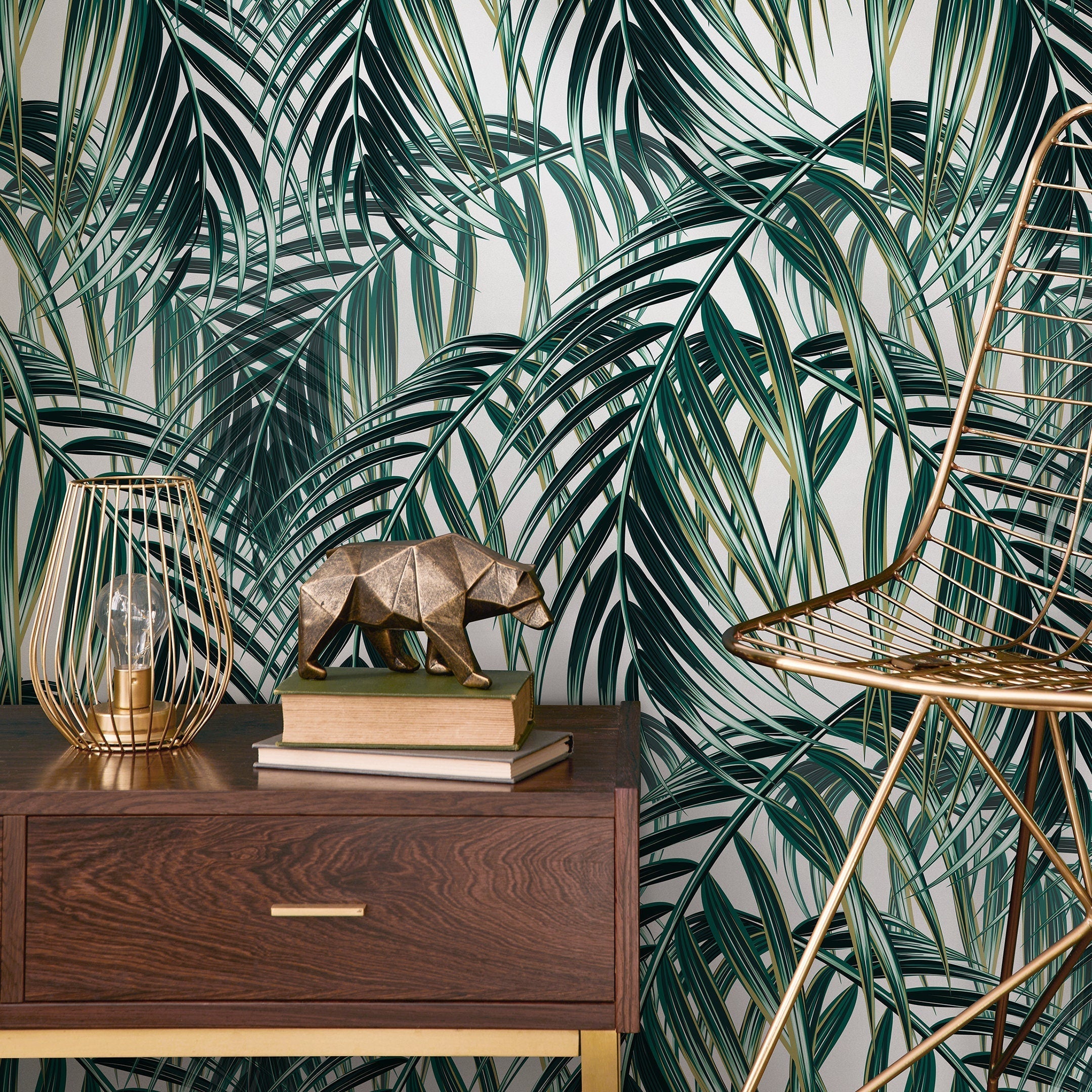 Botanical Wallpaper With Layered Palm Leaves In Green And Cream - A901