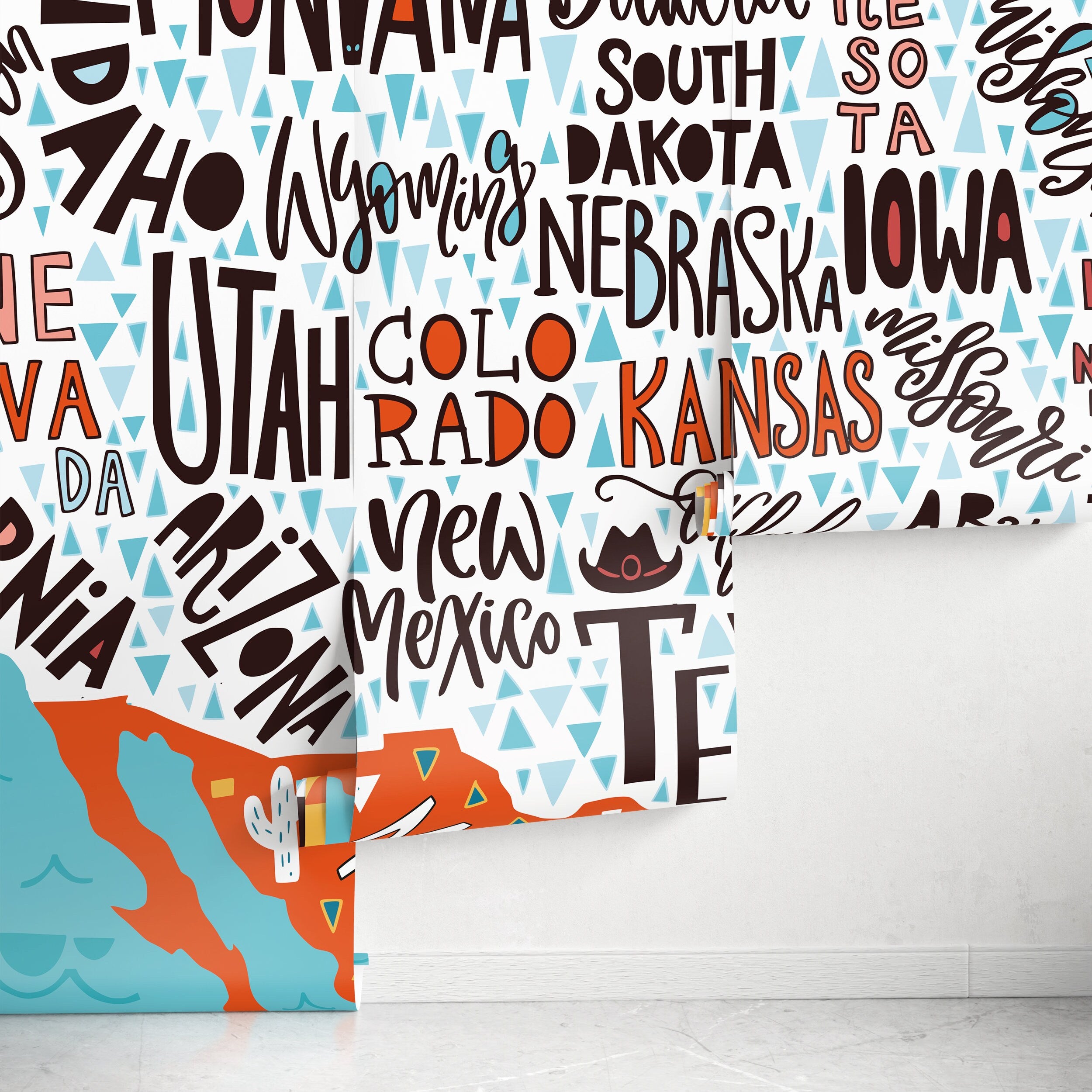 Map Wallpaper With A Typographic Usa Design In Teal, Yellow, And Red - A905
