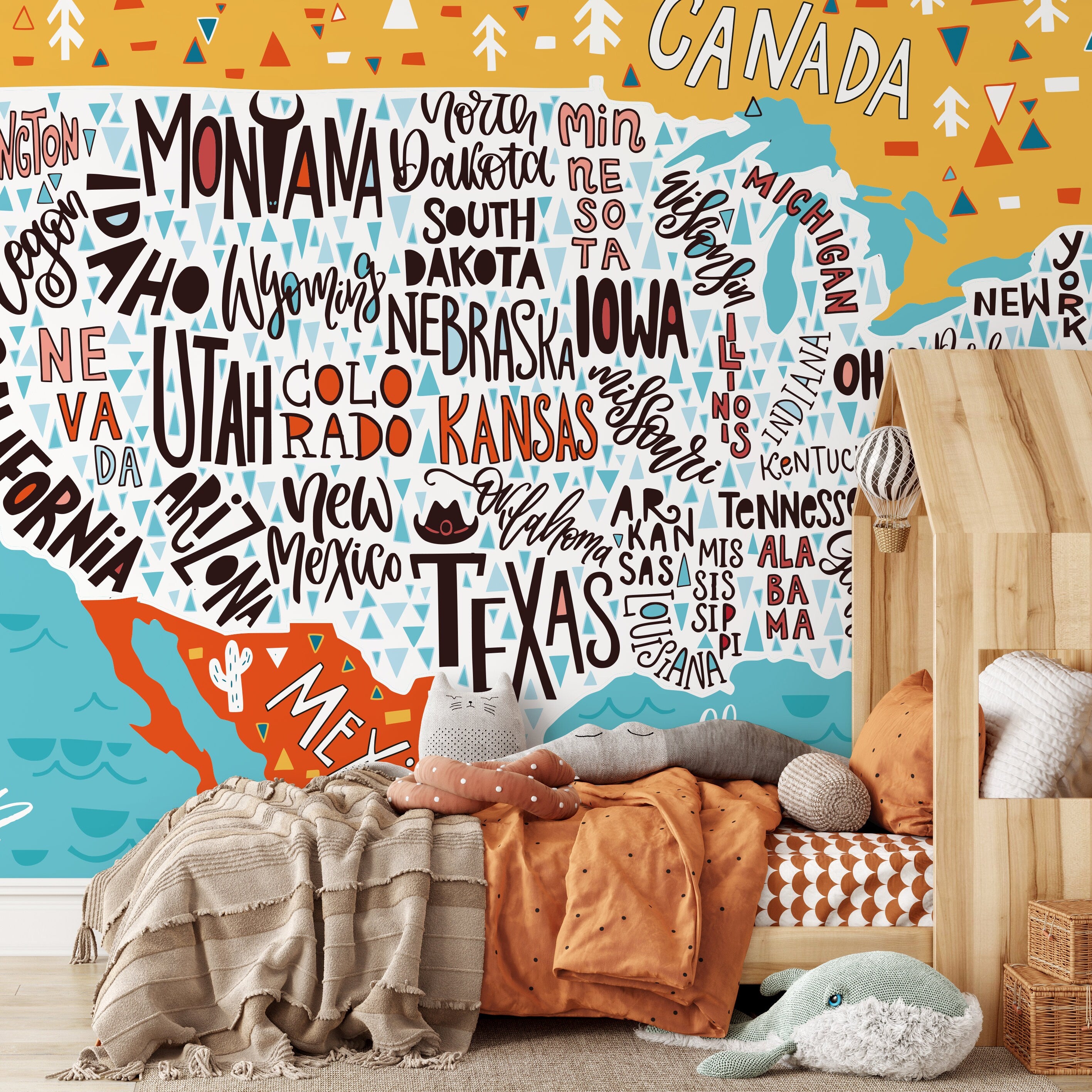 Map Wallpaper With A Typographic Usa Design In Teal, Yellow, And Red - A905