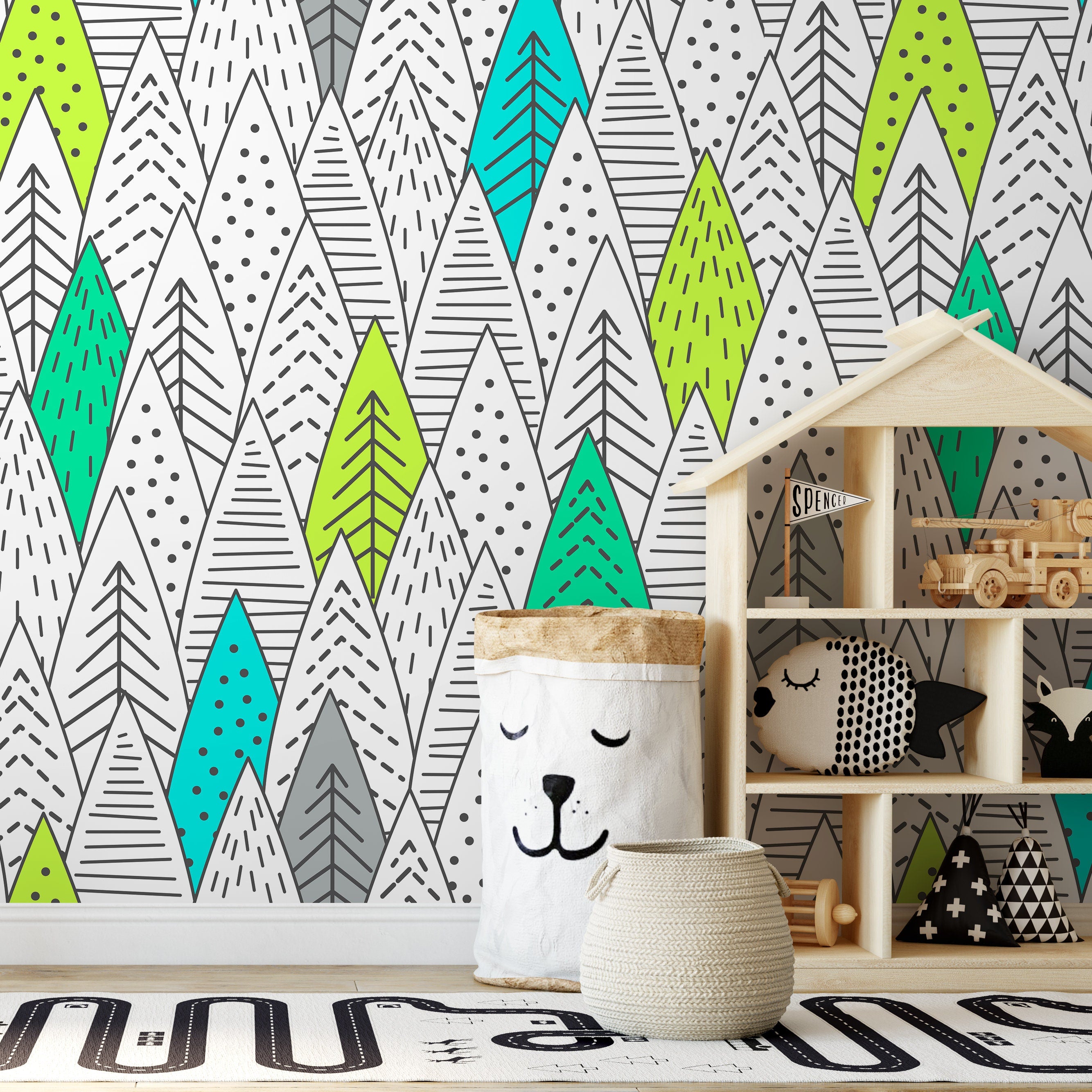 Scandinavian Wallpaper With A Hand-drawn Tree Pattern In Green, Teal, And Grey - A906