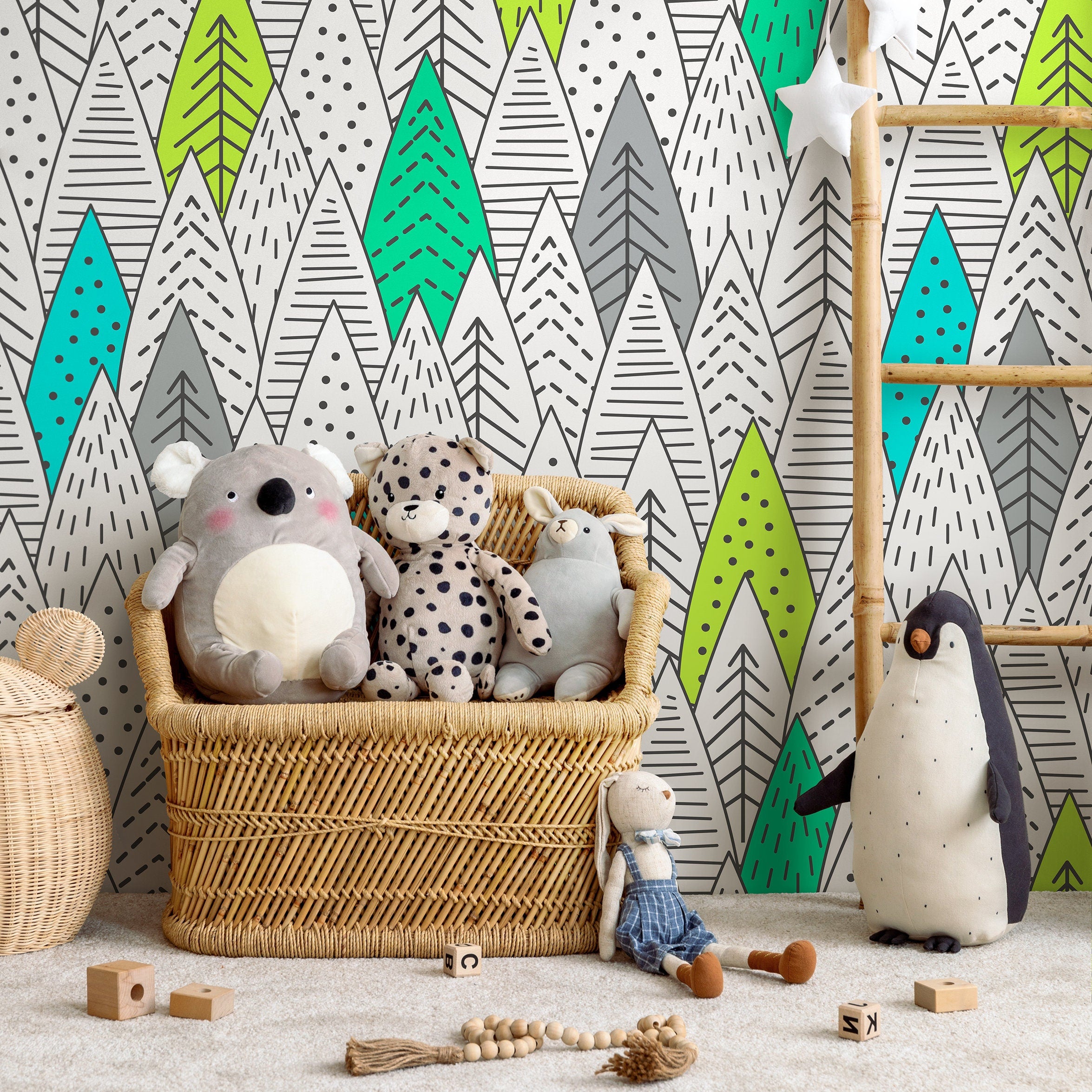 Scandinavian Wallpaper With A Hand-drawn Tree Pattern In Green, Teal, And Grey - A906