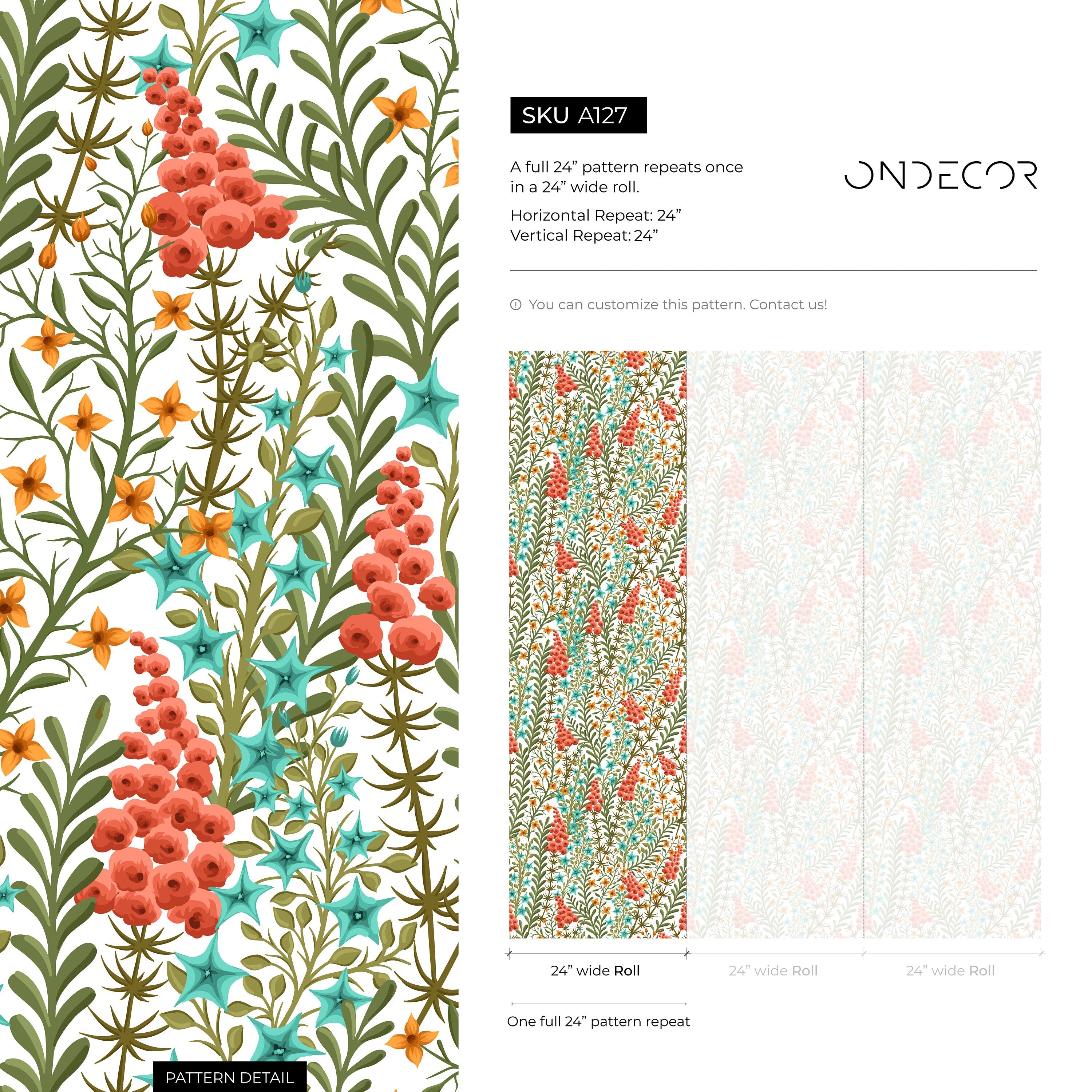 Botanical Wallpaper Featuring Climbing Wildflowers In Red, Green, And Teal - A127