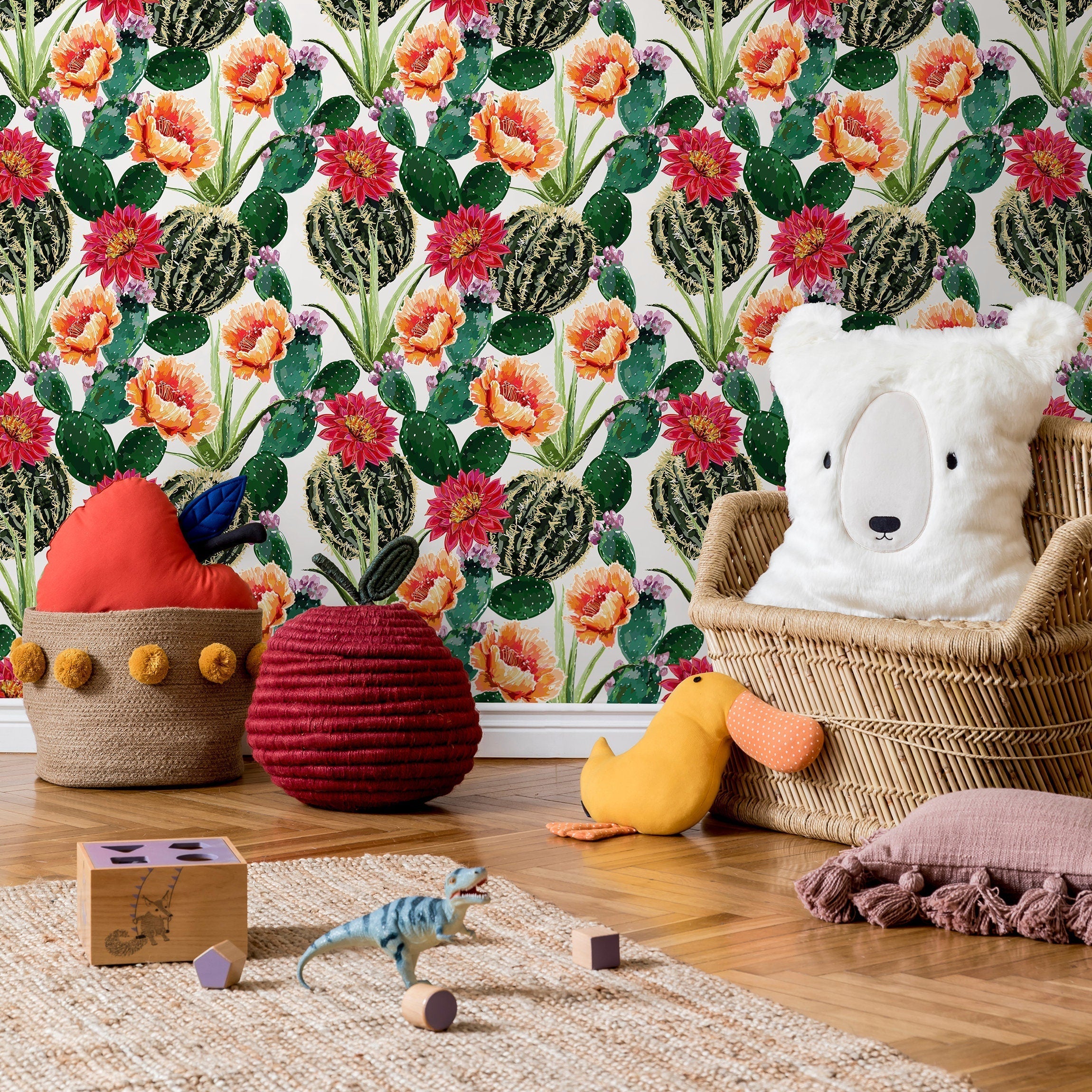 Botanical Wallpaper Featuring Flowering Cacti In Green, Pink, And Orange - A911