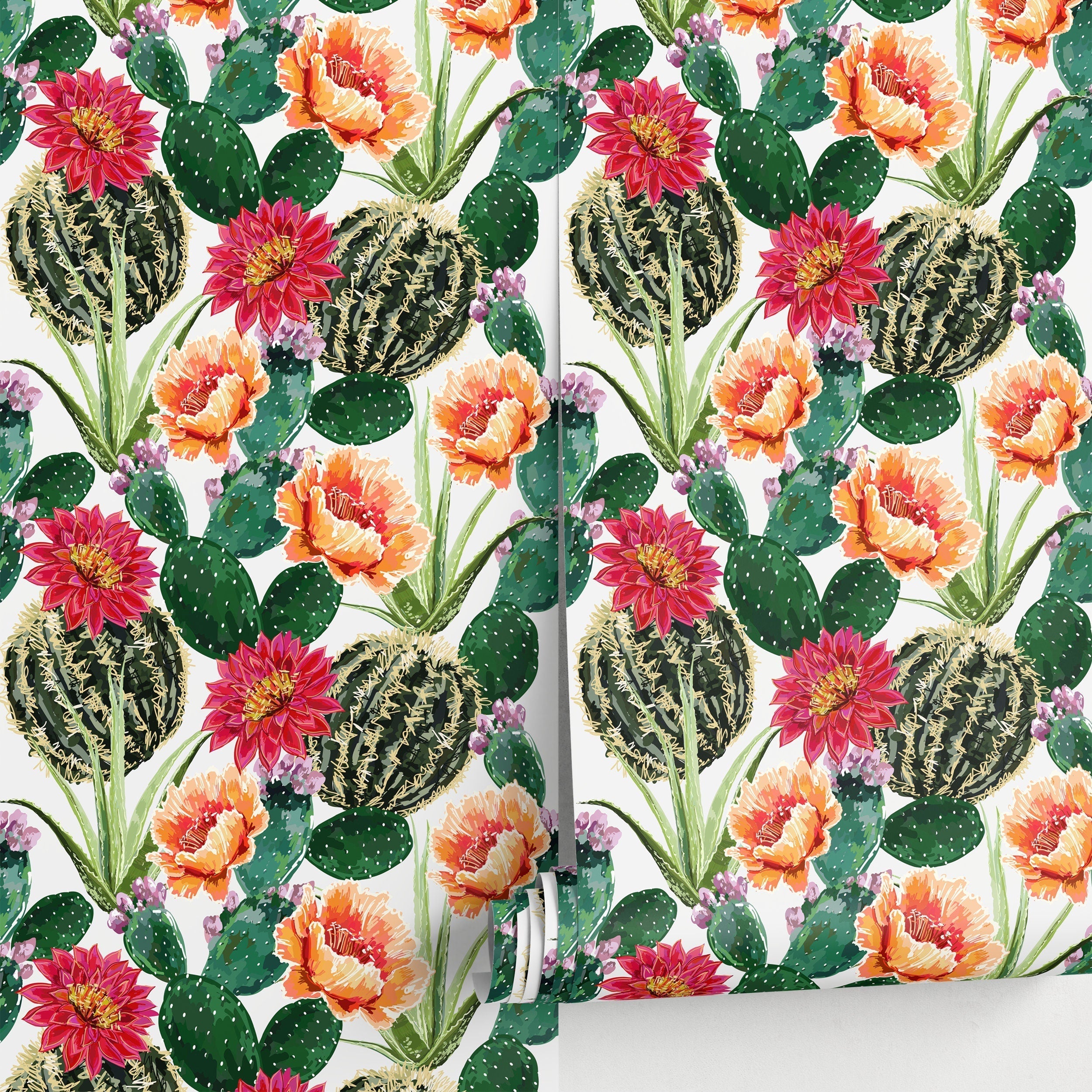 Botanical Wallpaper Featuring Flowering Cacti In Green, Pink, And Orange - A911
