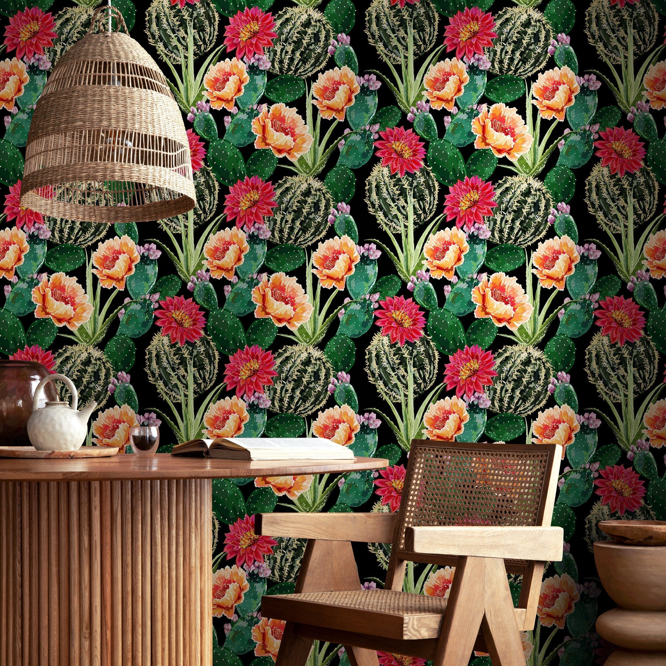 Cactus Wallpaper With Blooming Desert Flowers In Red, Orange, And Green - A913