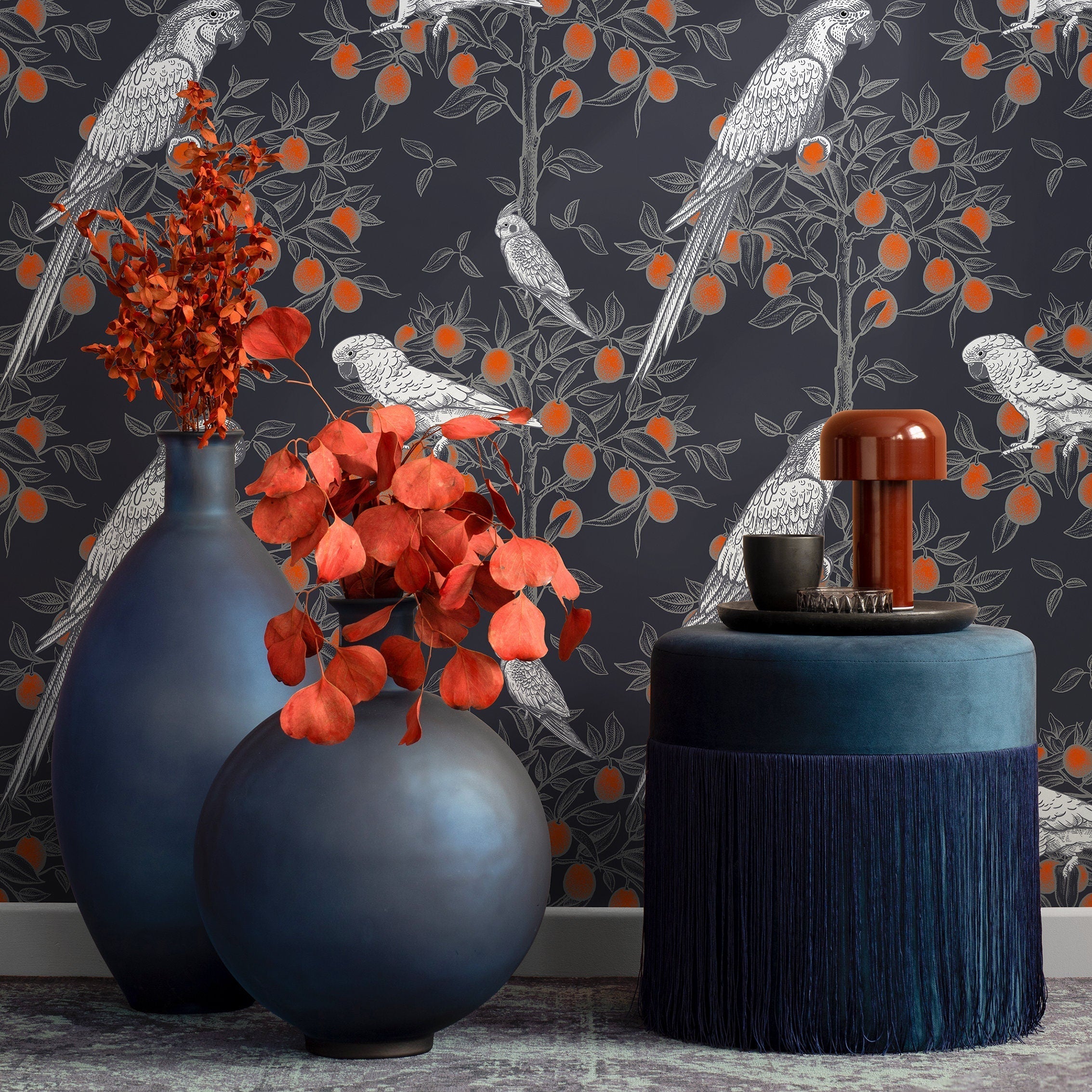 Botanical Wallpaper With Parrots In Orange Trees In Black, Grey, And Orange - A919