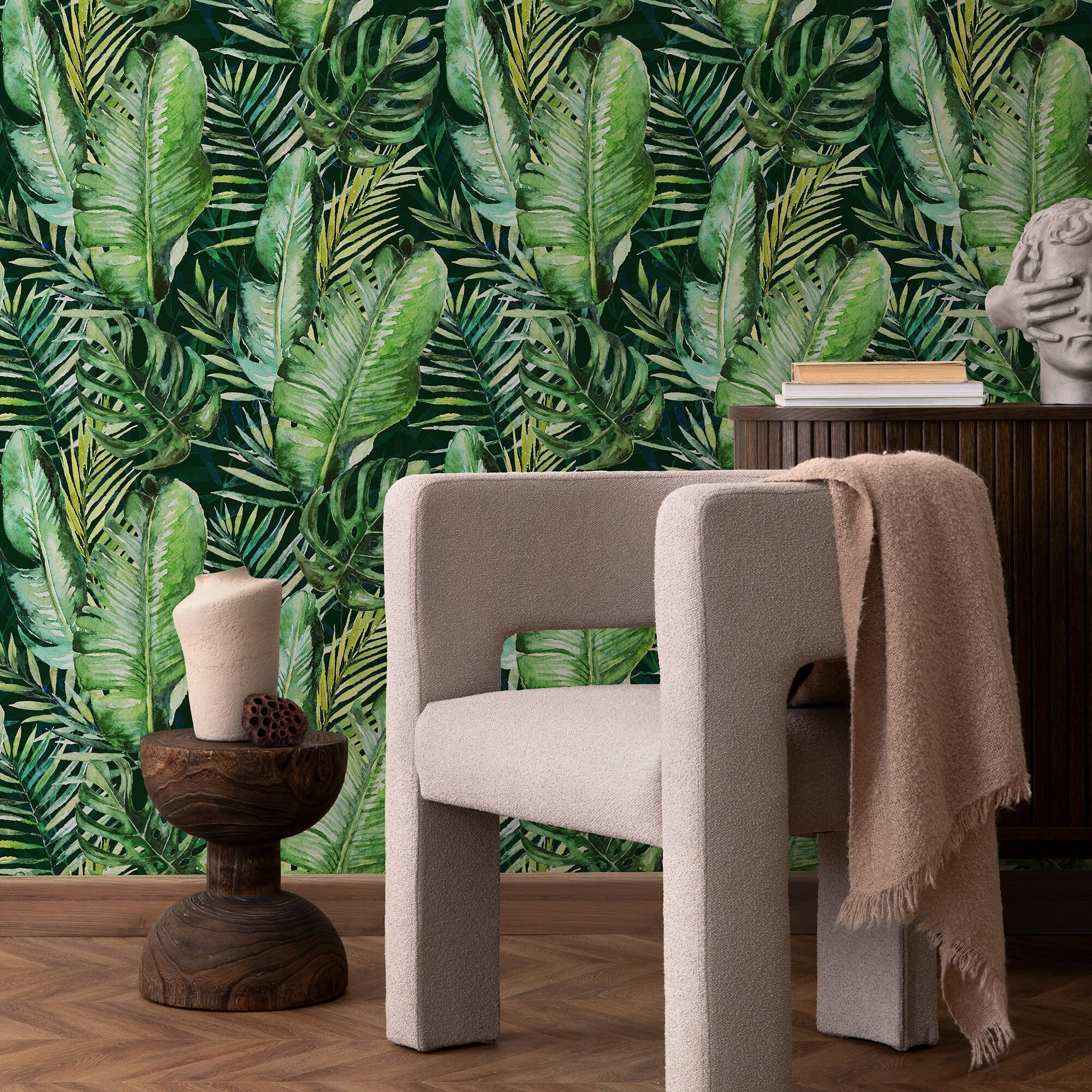 Tropical Wallpaper Featuring Watercolor Jungle Leaves In Green And Yellow - A927