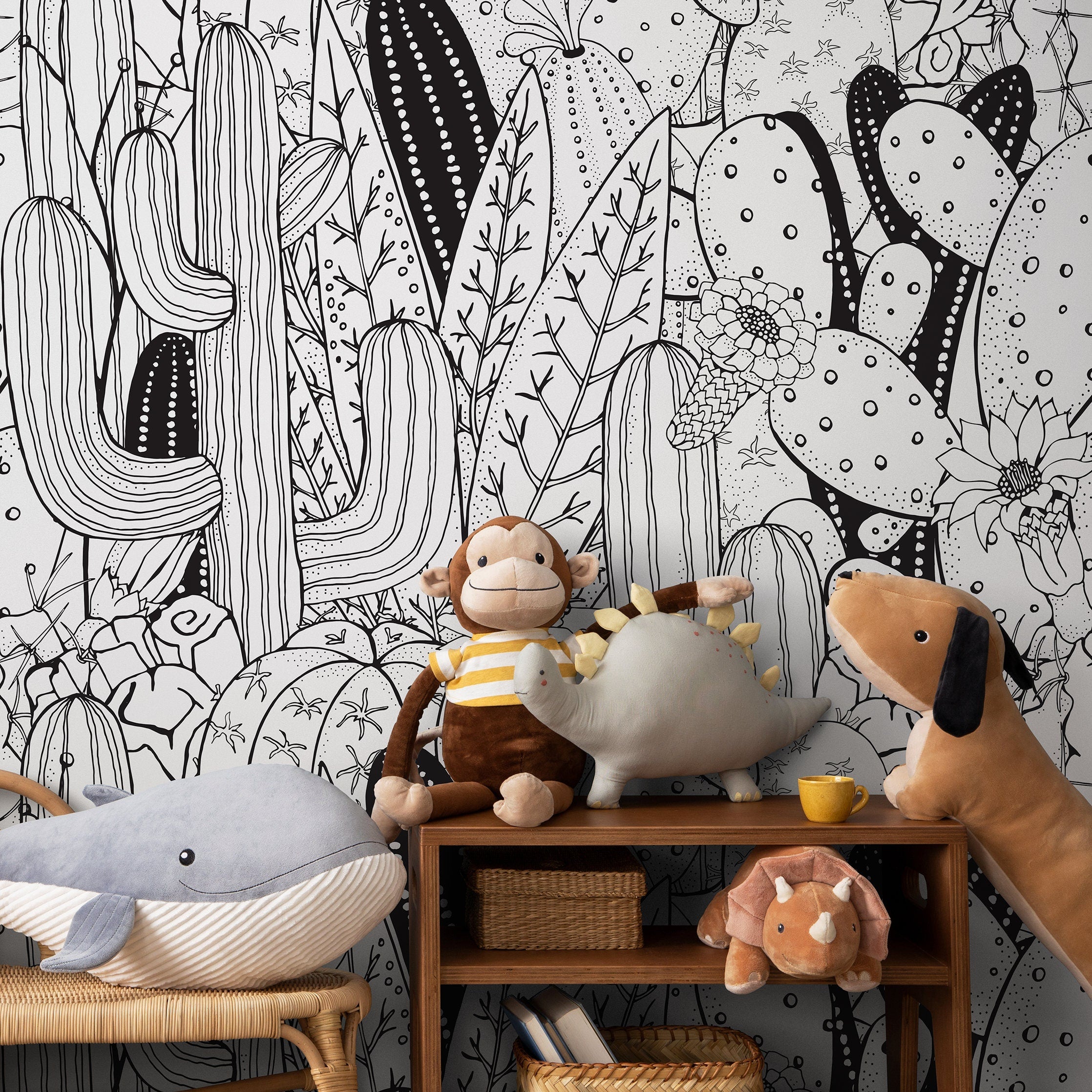 Cactus Wallpaper With A Line Art Desert Motif In Black And White - A946