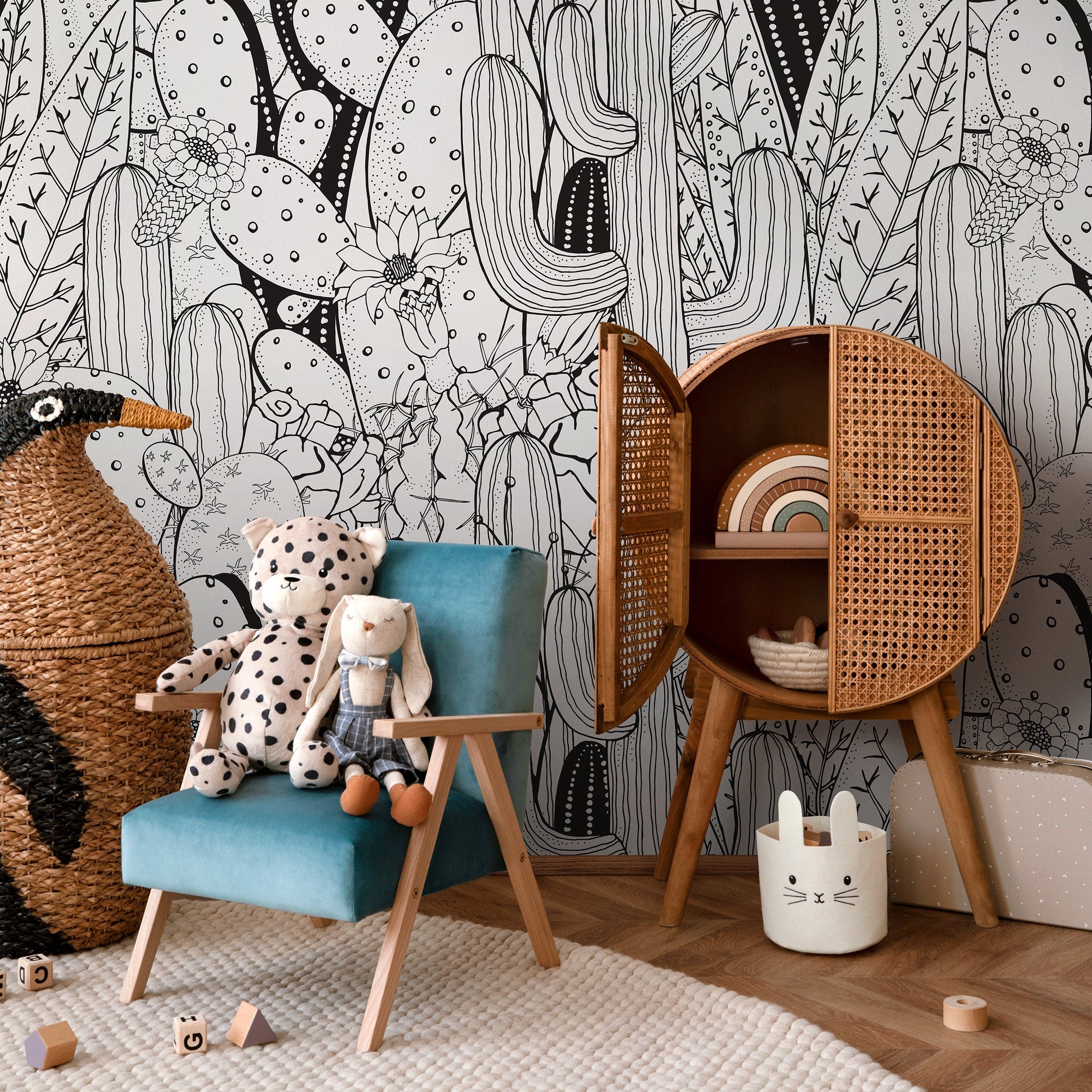 Cactus Wallpaper With A Line Art Desert Motif In Black And White - A946