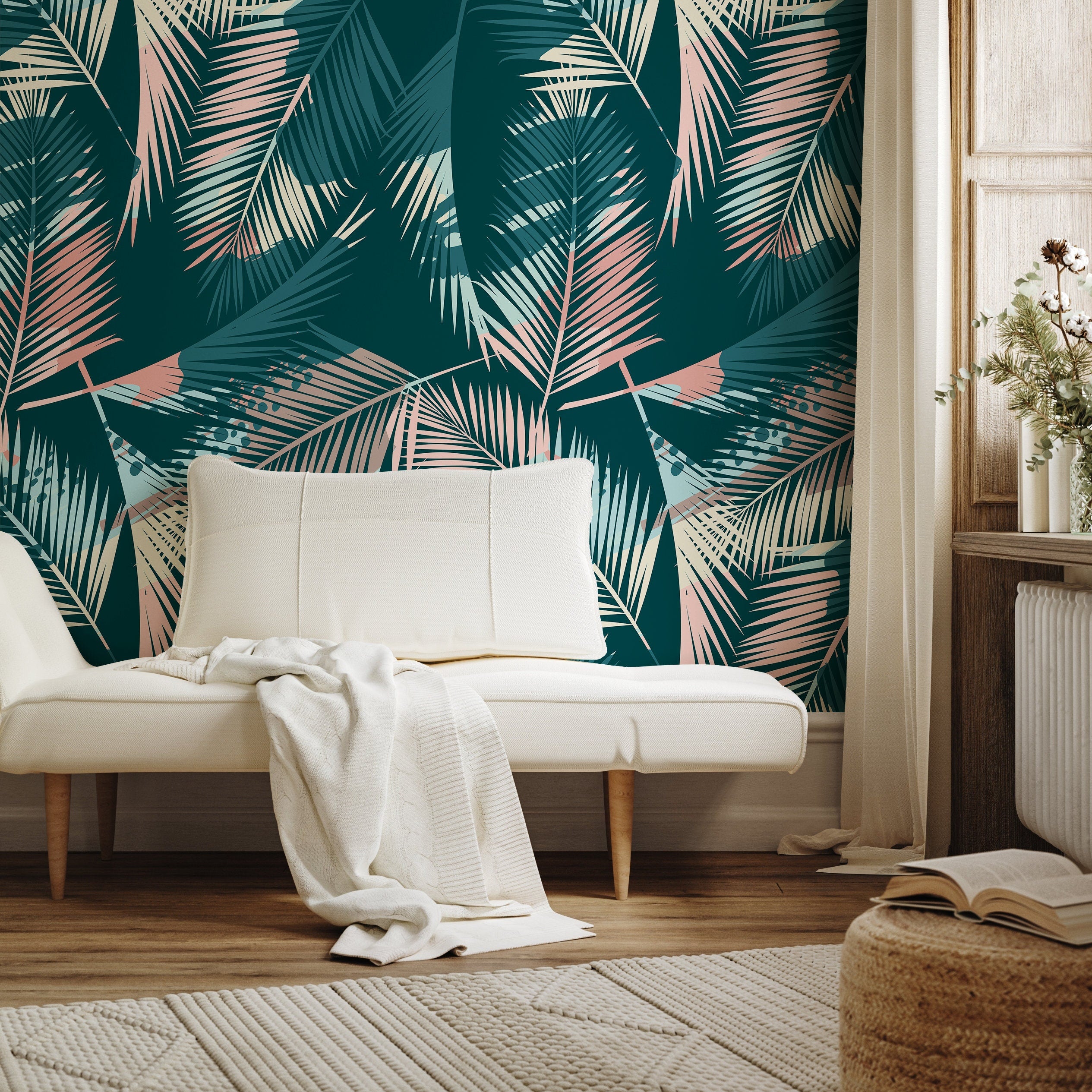 Tropical Wallpaper With Layered Palm Fronds In Teal, Pink, And Cream - A949