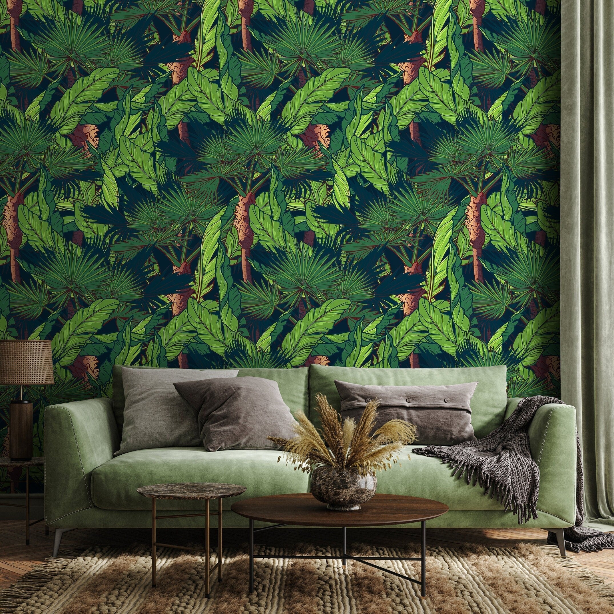 Tropical Wallpaper With Lush Jungle Leaves In Green, Blue, And Brown - A959