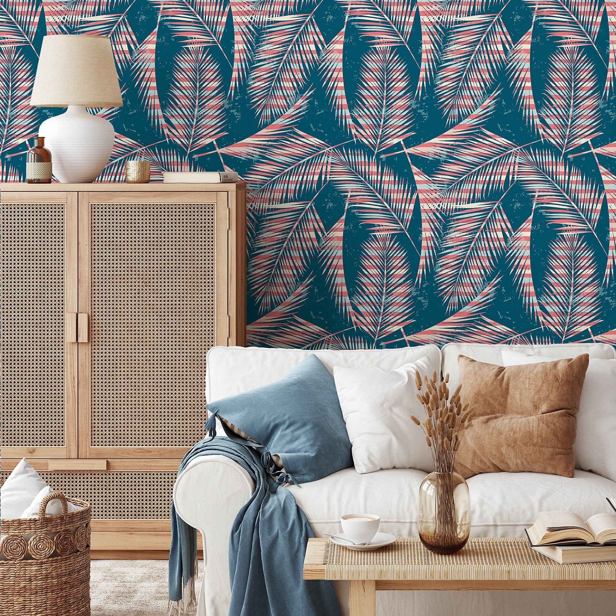 Tropical Wallpaper With Striped Palm Fronds In Teal, Coral, And Blue - A963