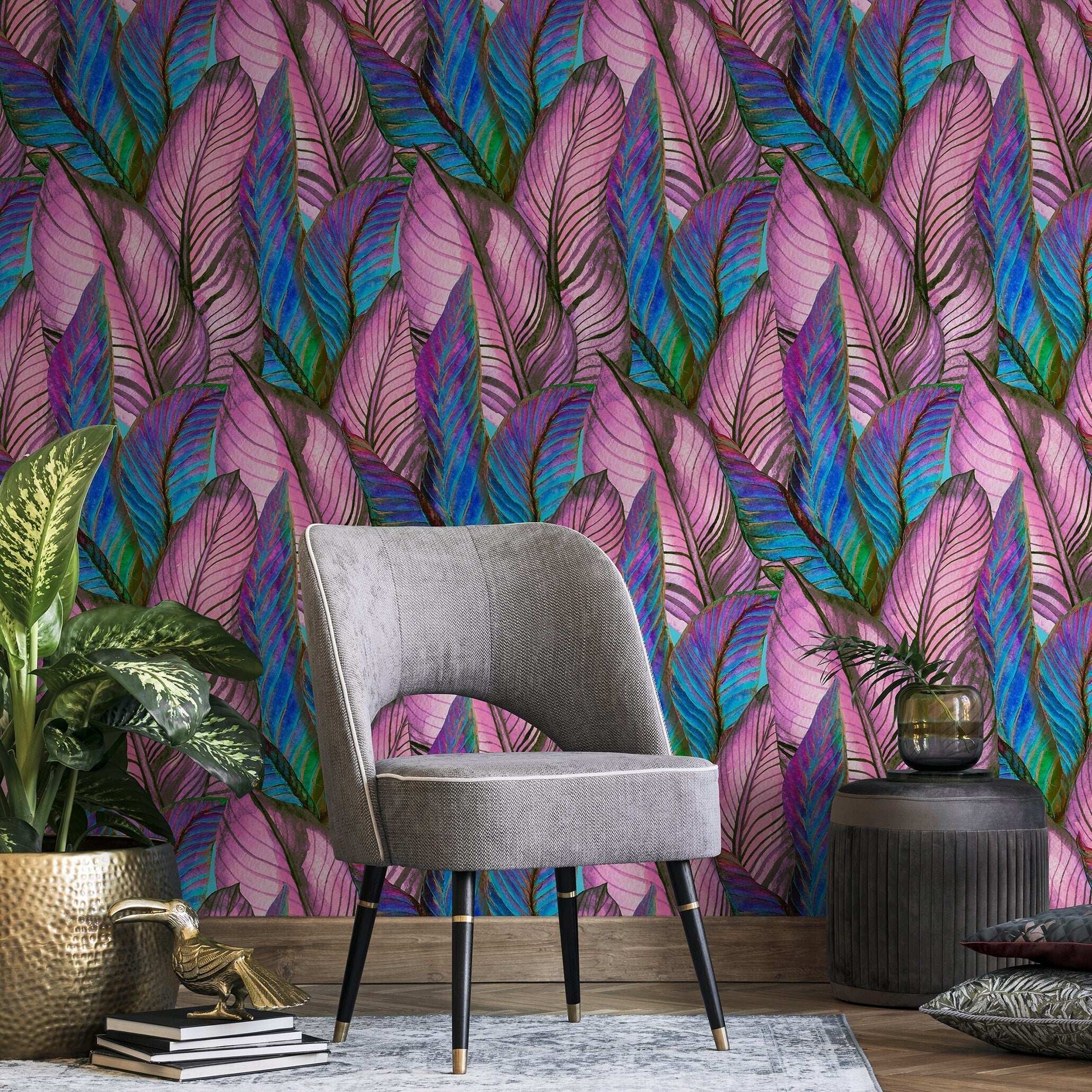 Botanical Wallpaper With A Tropical Leaf Motif In Purple, Blue, And Pink - A964