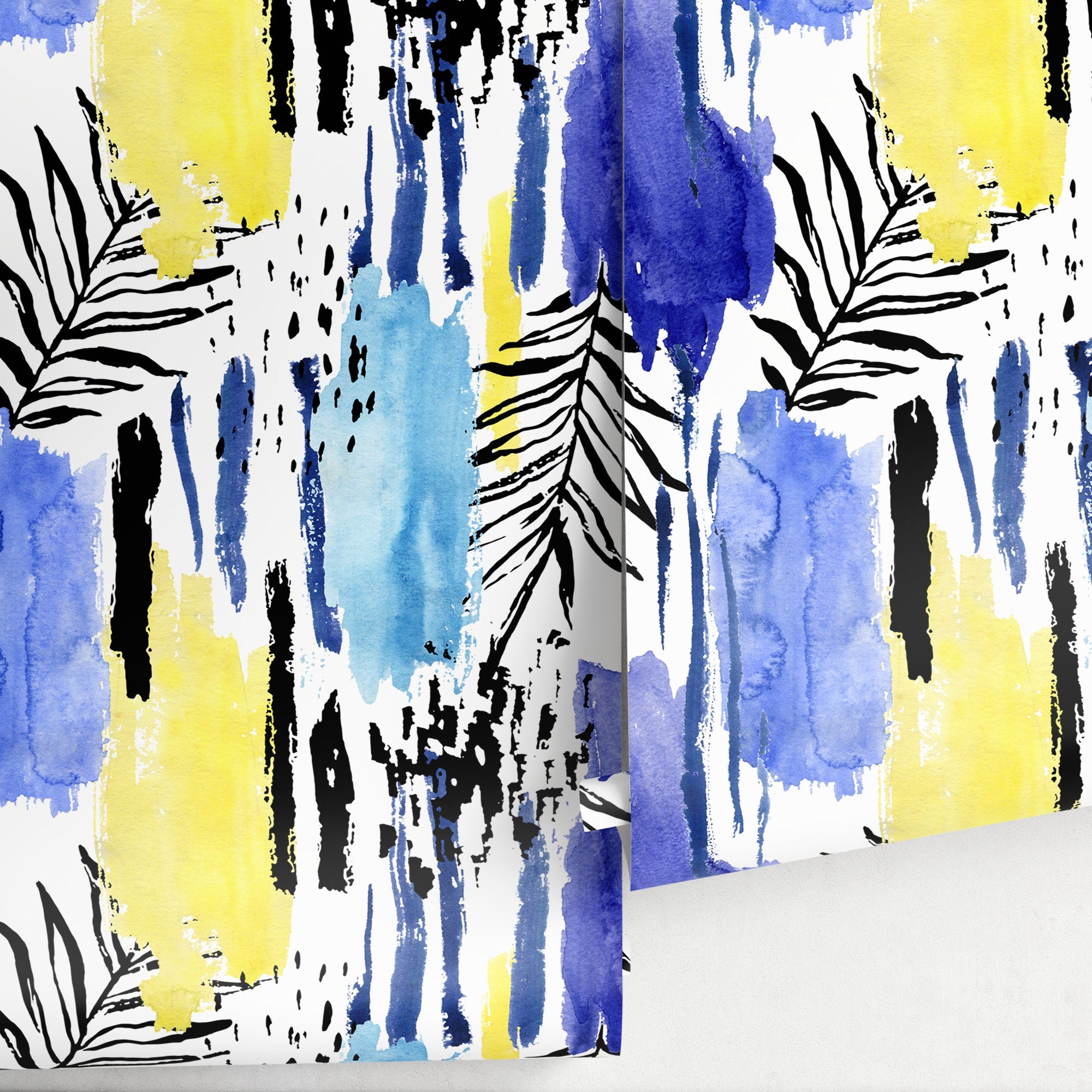 Abstract Wallpaper With Watercolor Stripes And Palm Leaves In Blue, Yellow, And Black - A966