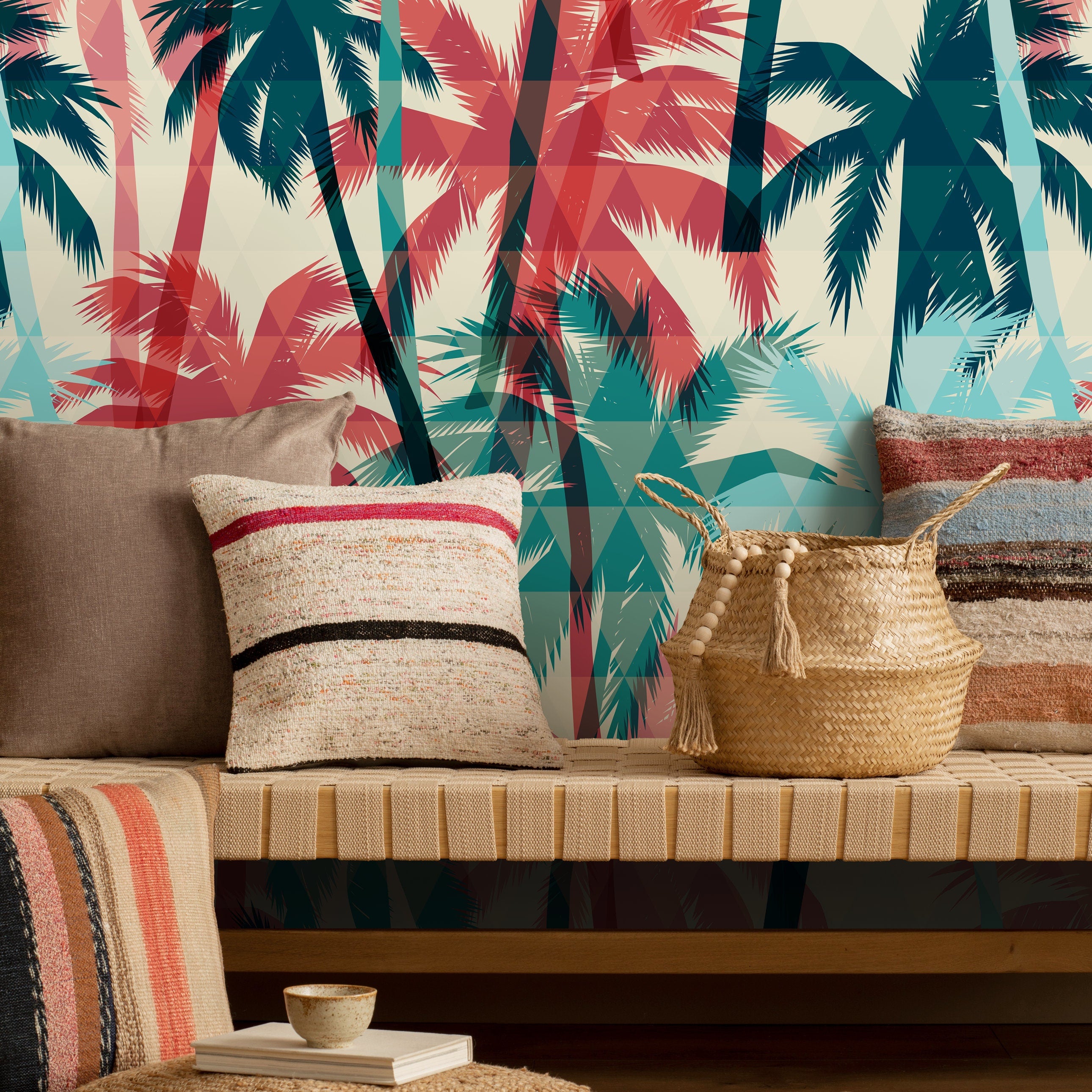 Tropical Wallpaper With A Geometric Palm Tree Motif In Teal, Red, And Blue - A972