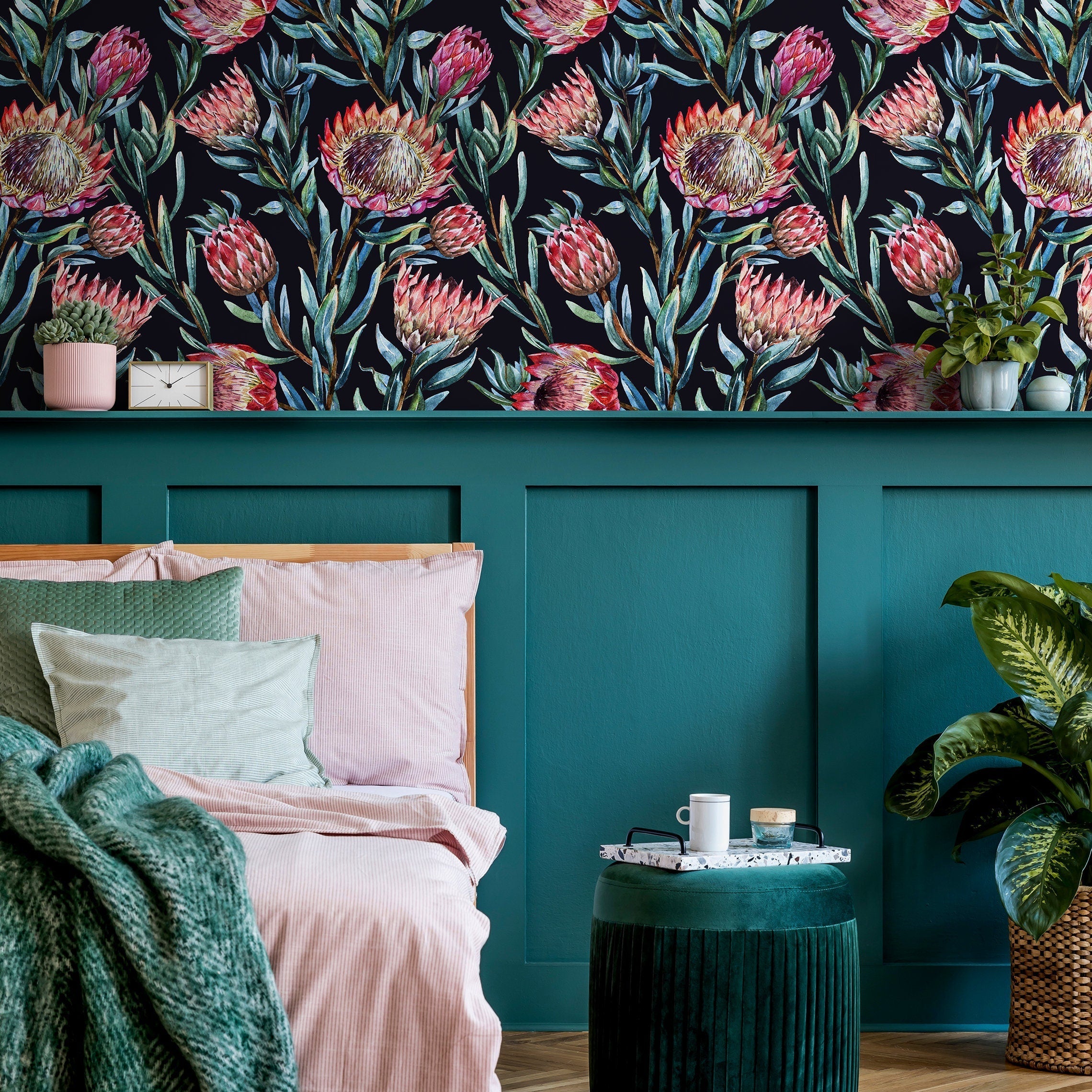Botanical Wallpaper With Watercolor Proteas In Pink, Green, And Black - A974