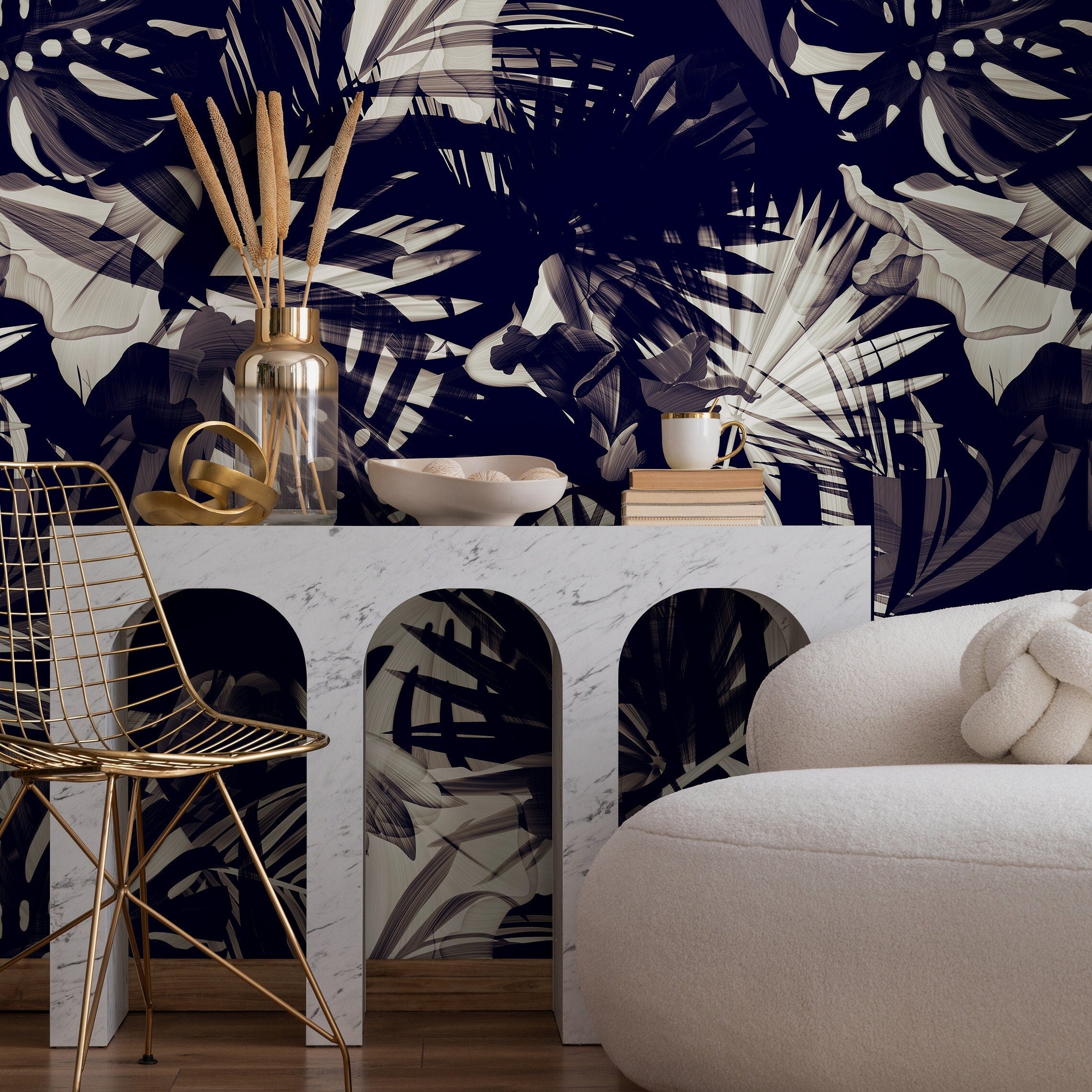 Tropical Wallpaper With Layered Palm Leaves In Navy, Taupe, And Beige - A975