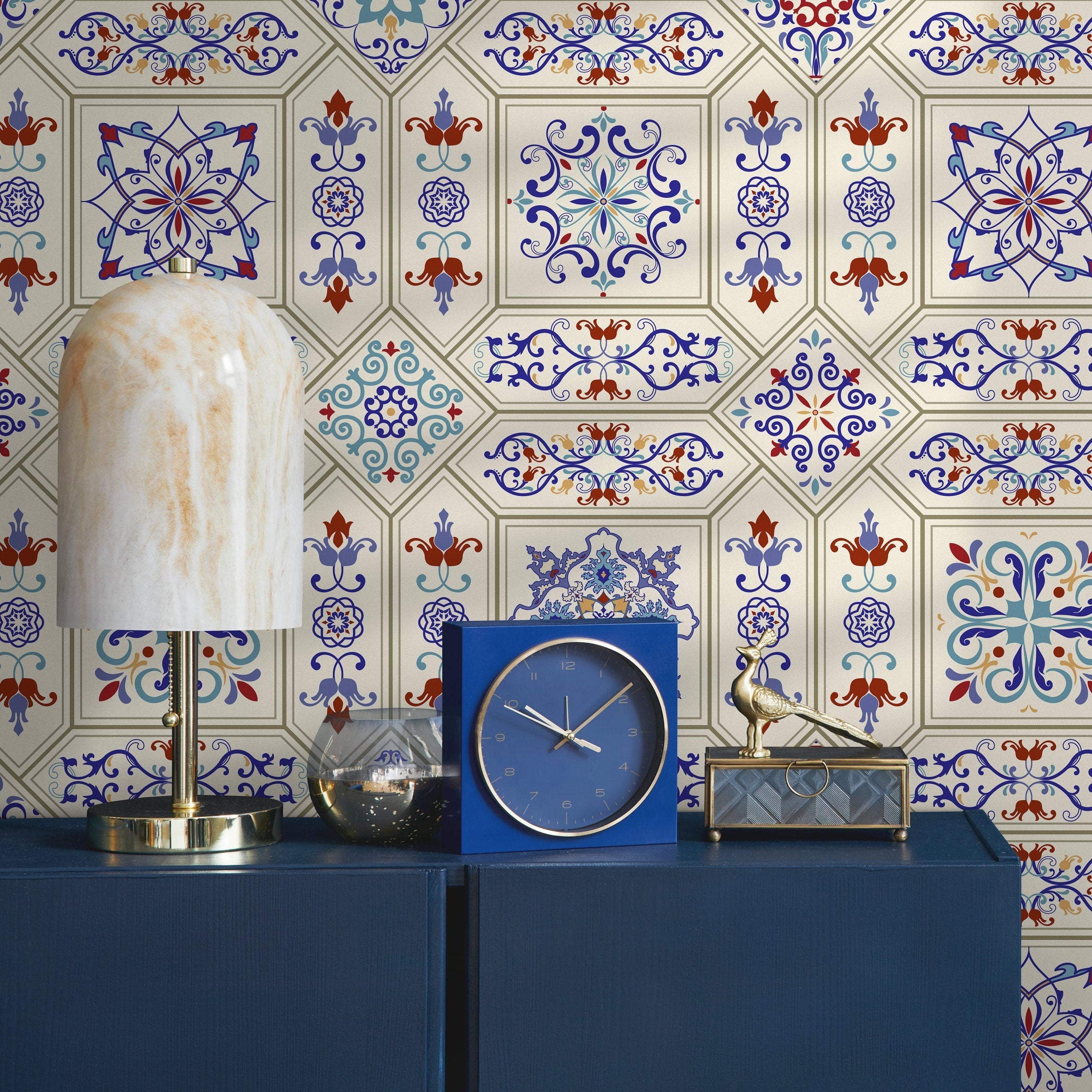 Tile Wallpaper With An Ornate Moroccan Motif In Blue, Red, And Yellow - A128