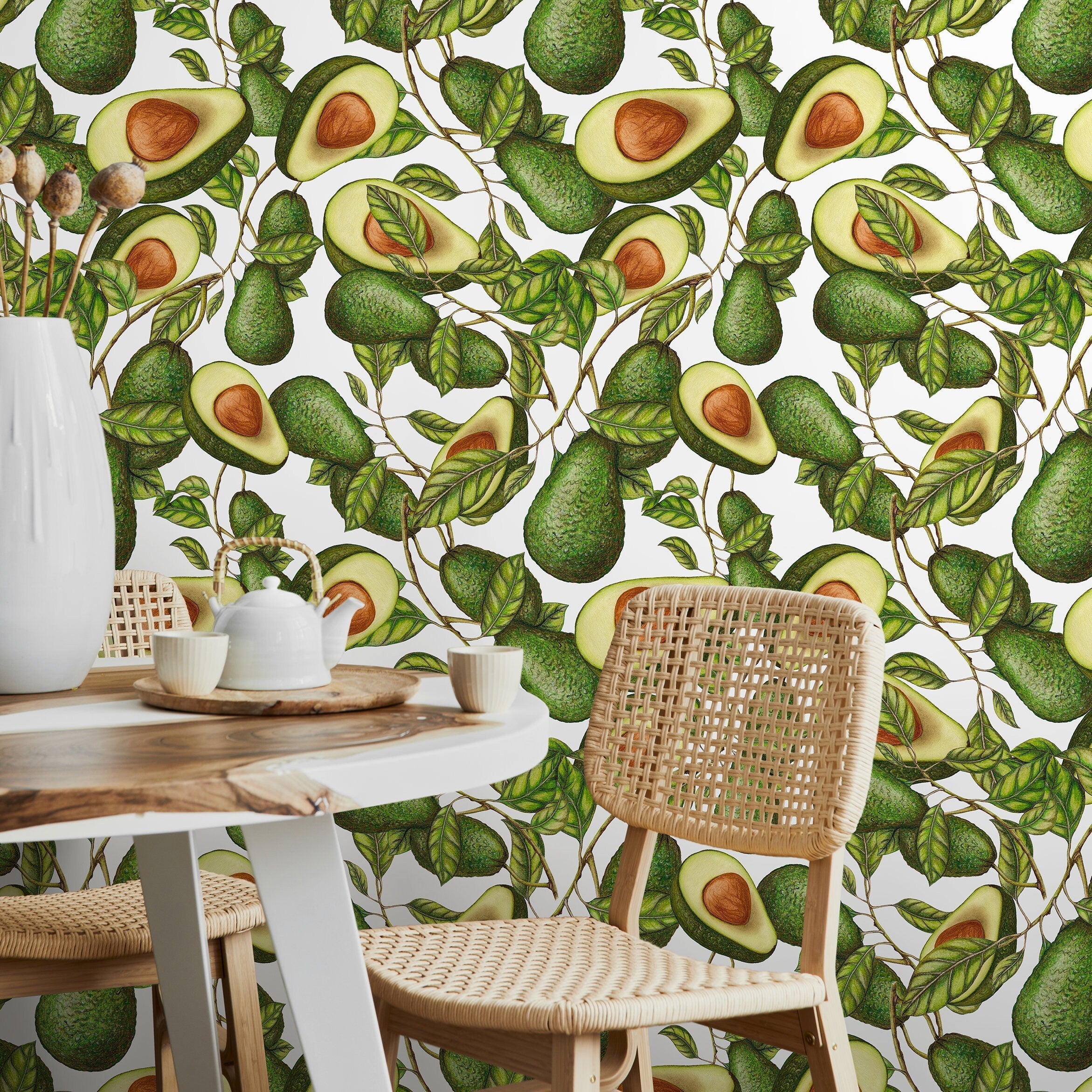 Botanical Wallpaper With An Illustrated Avocado Motif In Green And Brown - A280