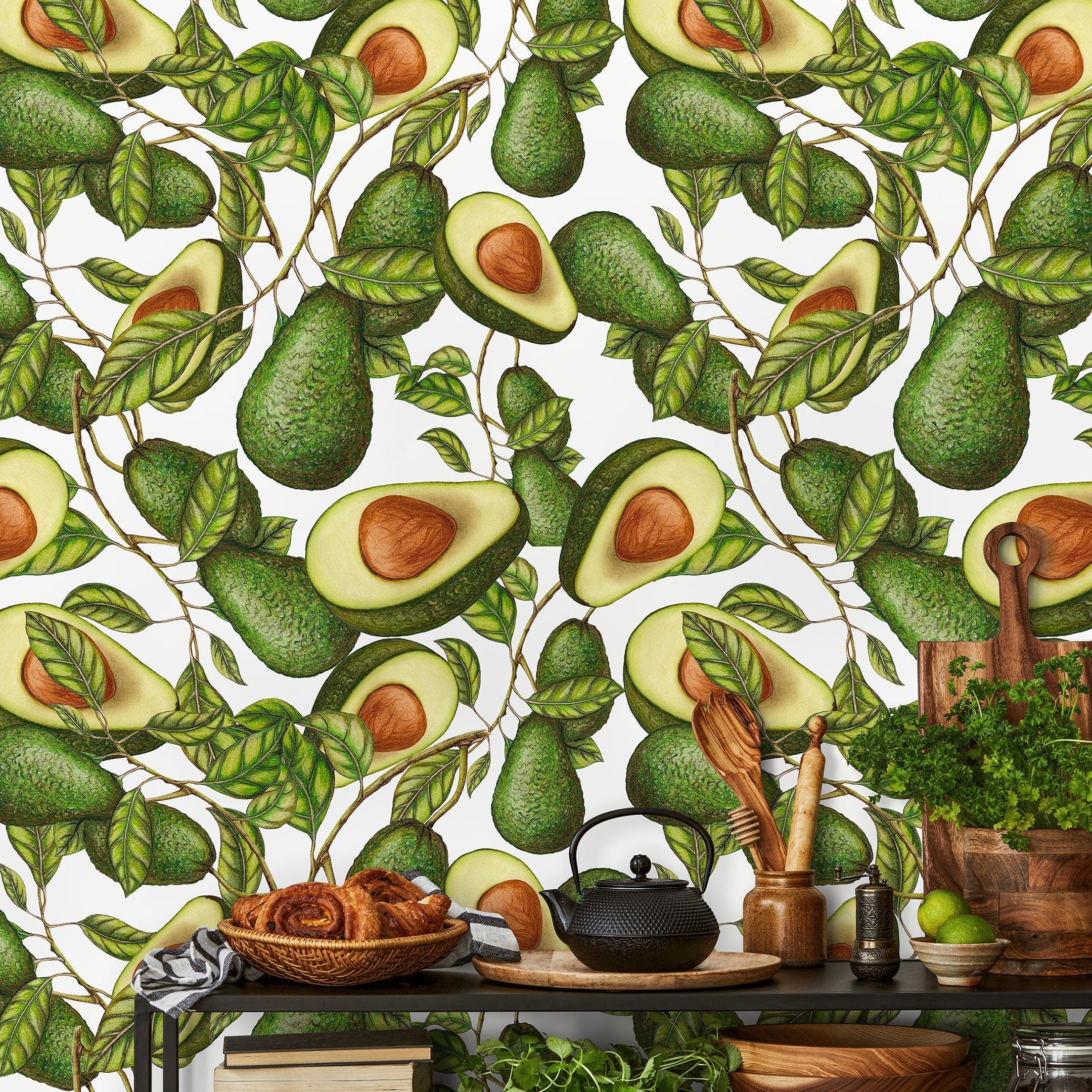 Botanical Wallpaper With An Illustrated Avocado Motif In Green And Brown - A280