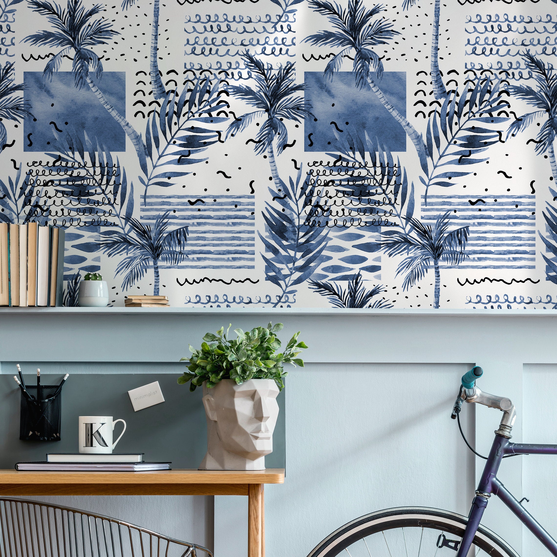 Coastal Wallpaper With An Abstract Palm Tree Collage In Blue And Black - A283