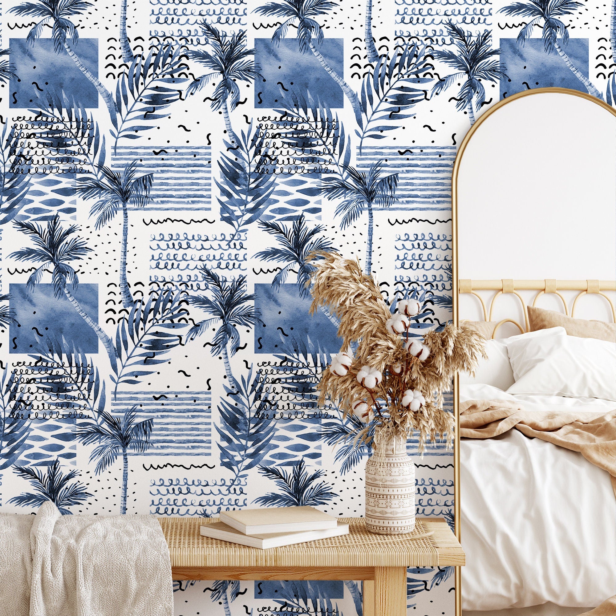 Coastal Wallpaper With An Abstract Palm Tree Collage In Blue And Black - A283