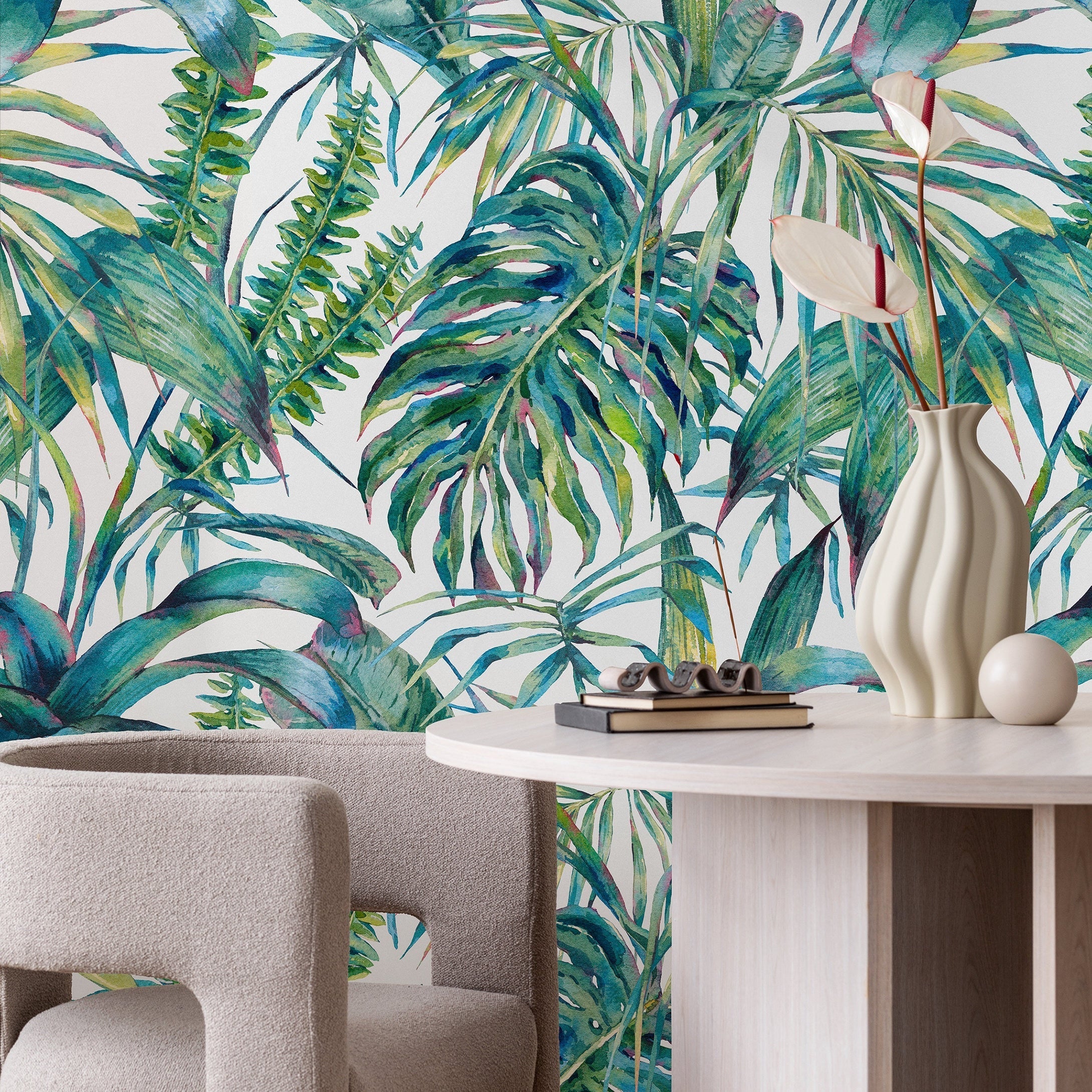 Tropical Wallpaper With Watercolor Jungle Leaves In Green, Teal, And Blue - A285