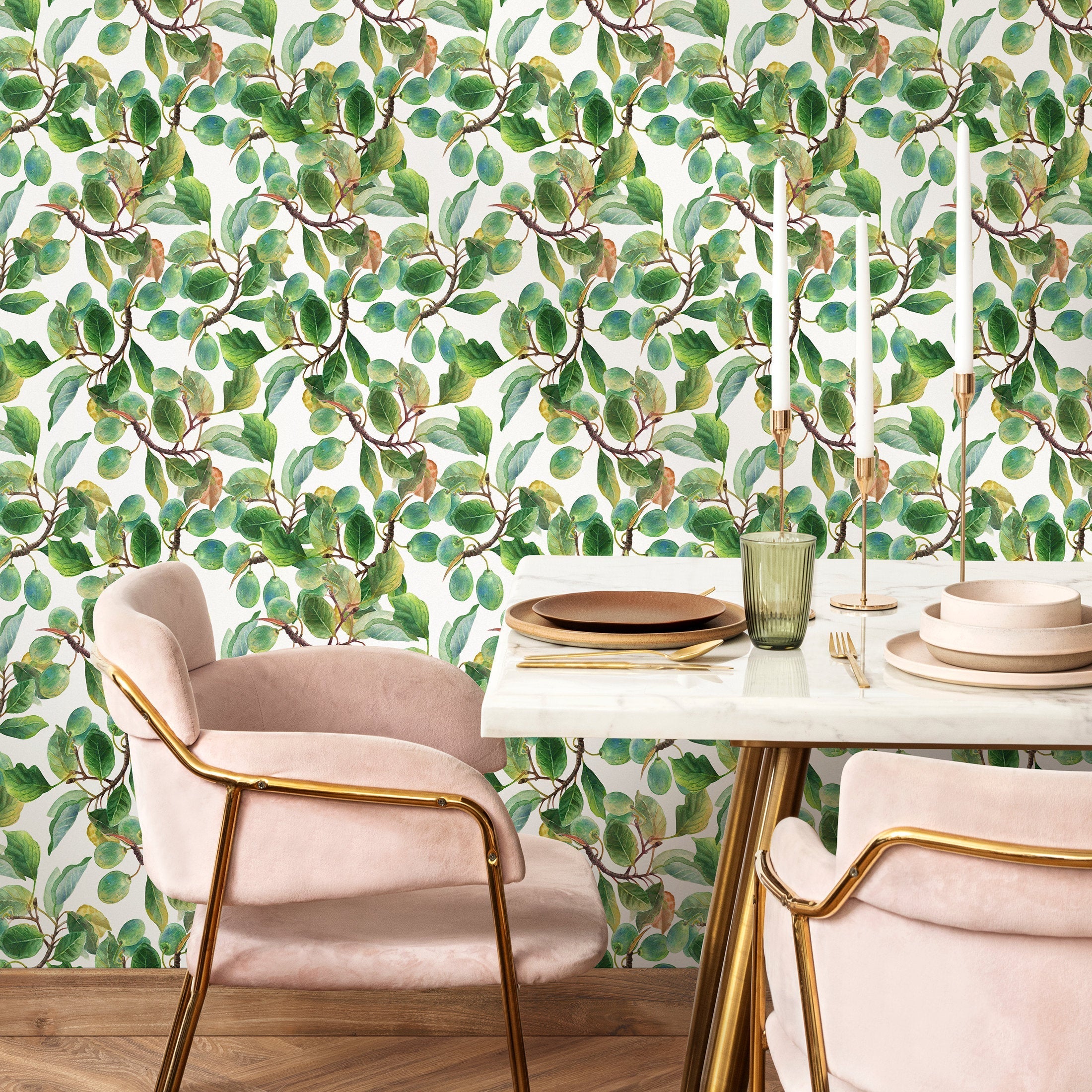 Botanical Wallpaper Featuring Watercolor Fruit Branches In Green And Brown - A288