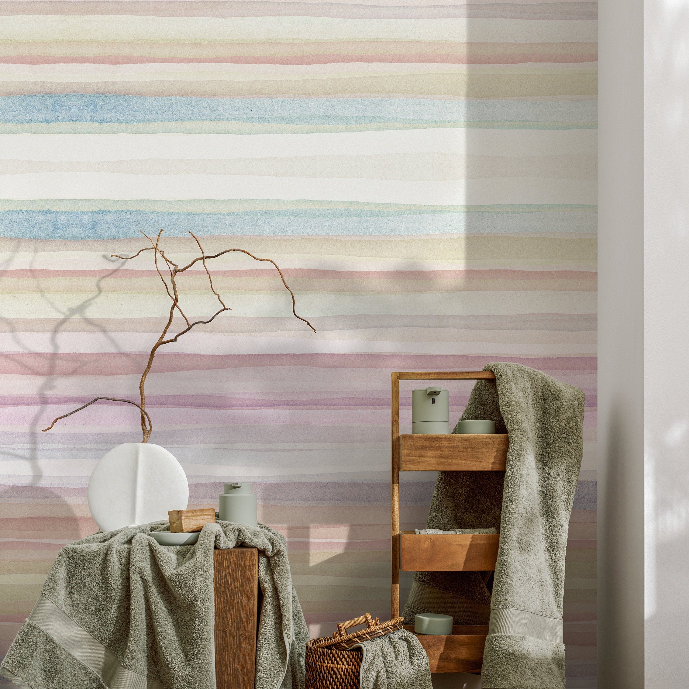 Watercolor Wallpaper With Horizontal Stripes In Pink, Blue, And Yellow - A290