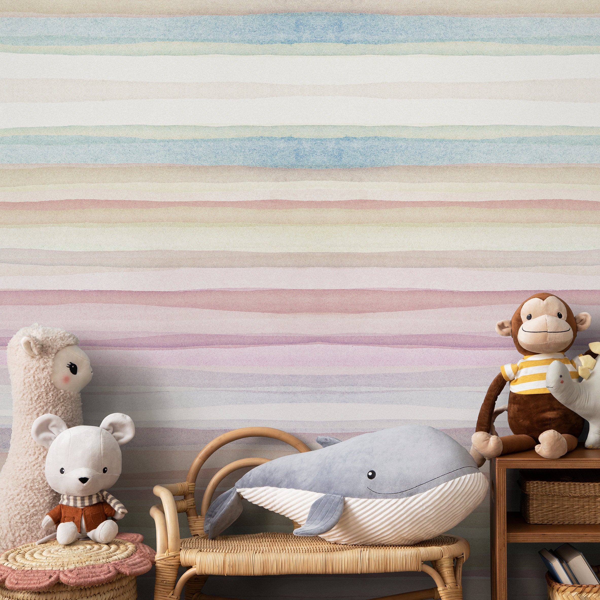 Watercolor Wallpaper With Horizontal Stripes In Pink, Blue, And Yellow - A290