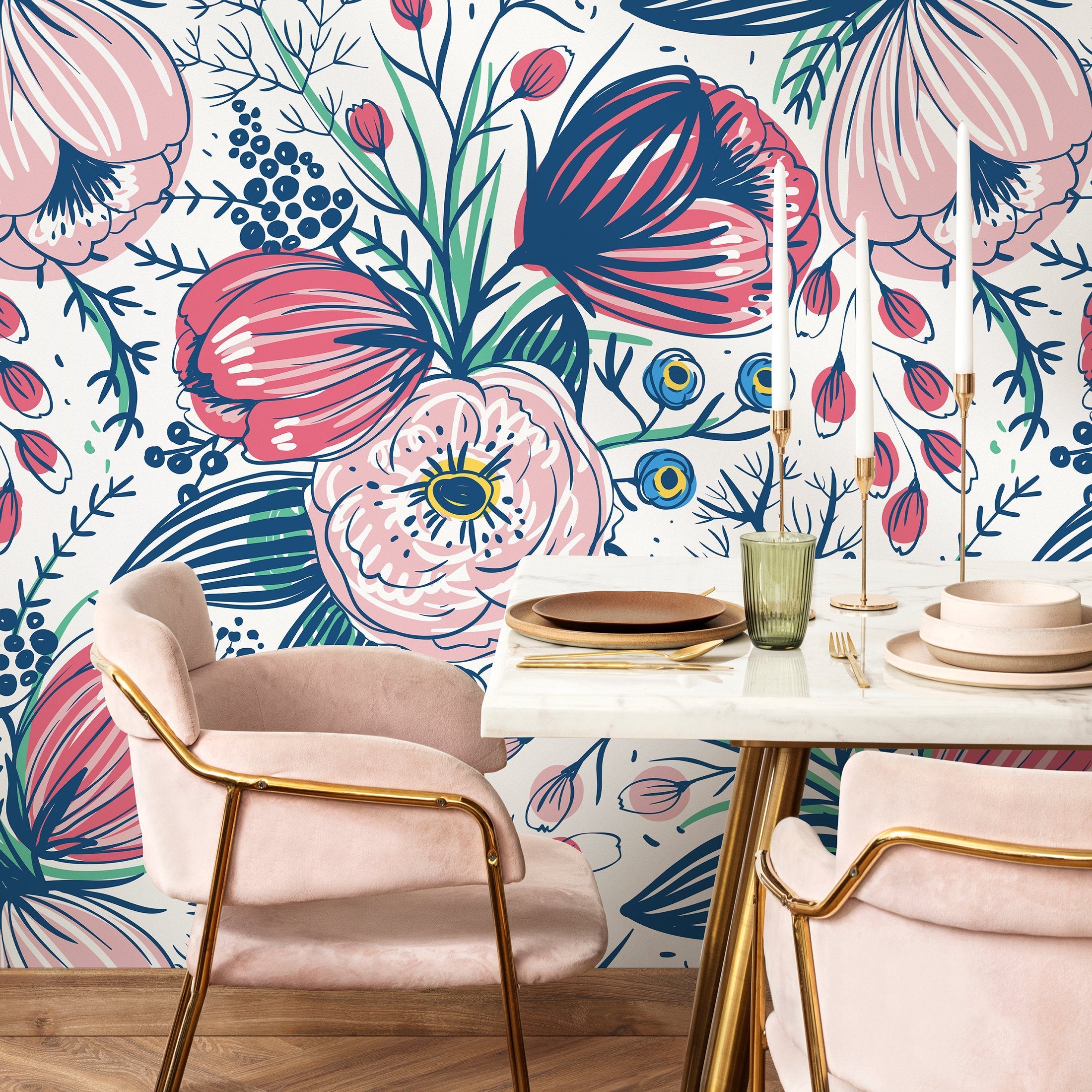 Boho Floral Wallpaper With Stylized Botanicals In Pink, Blue, And Yellow - A368