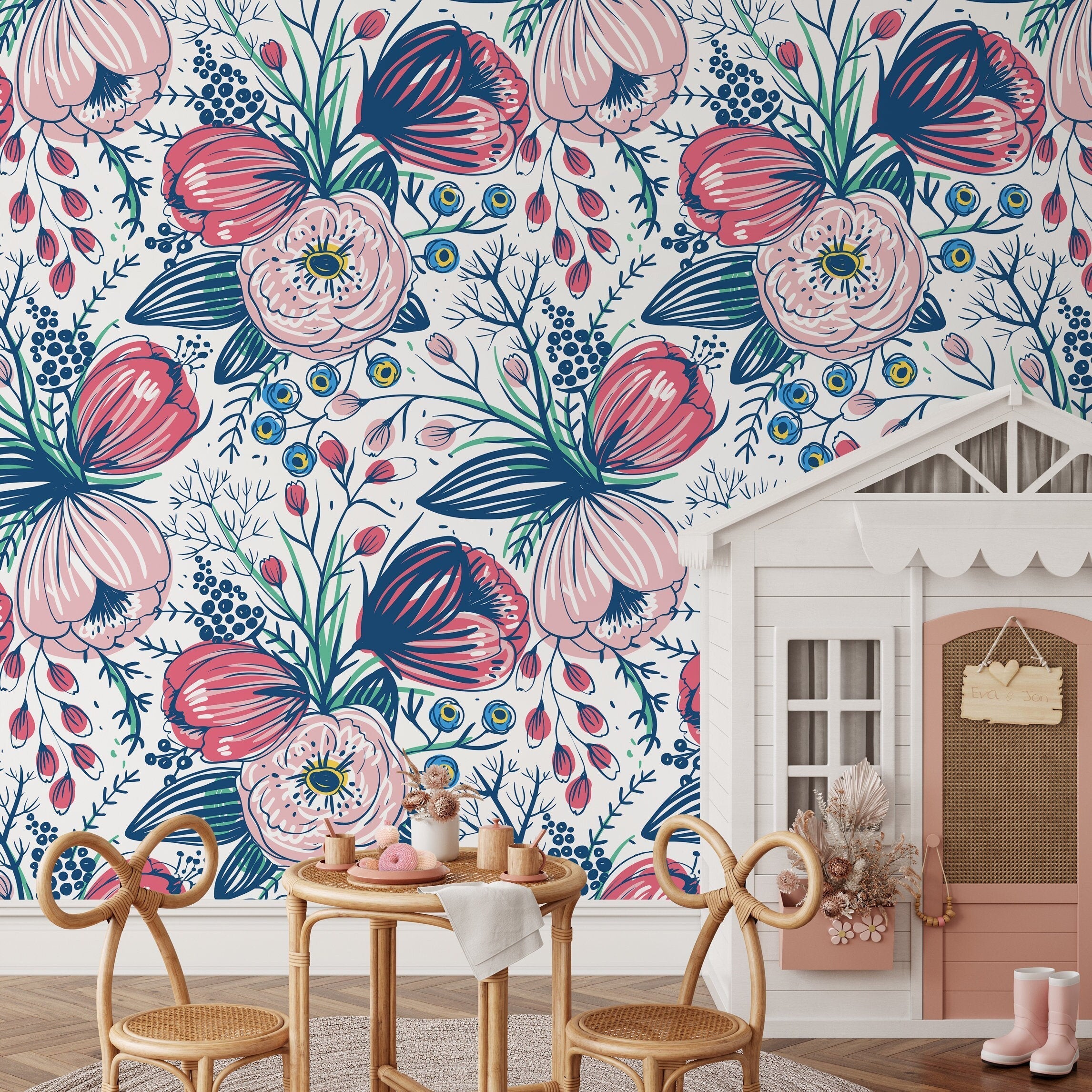 Boho Floral Wallpaper With Stylized Botanicals In Pink, Blue, And Yellow - A368