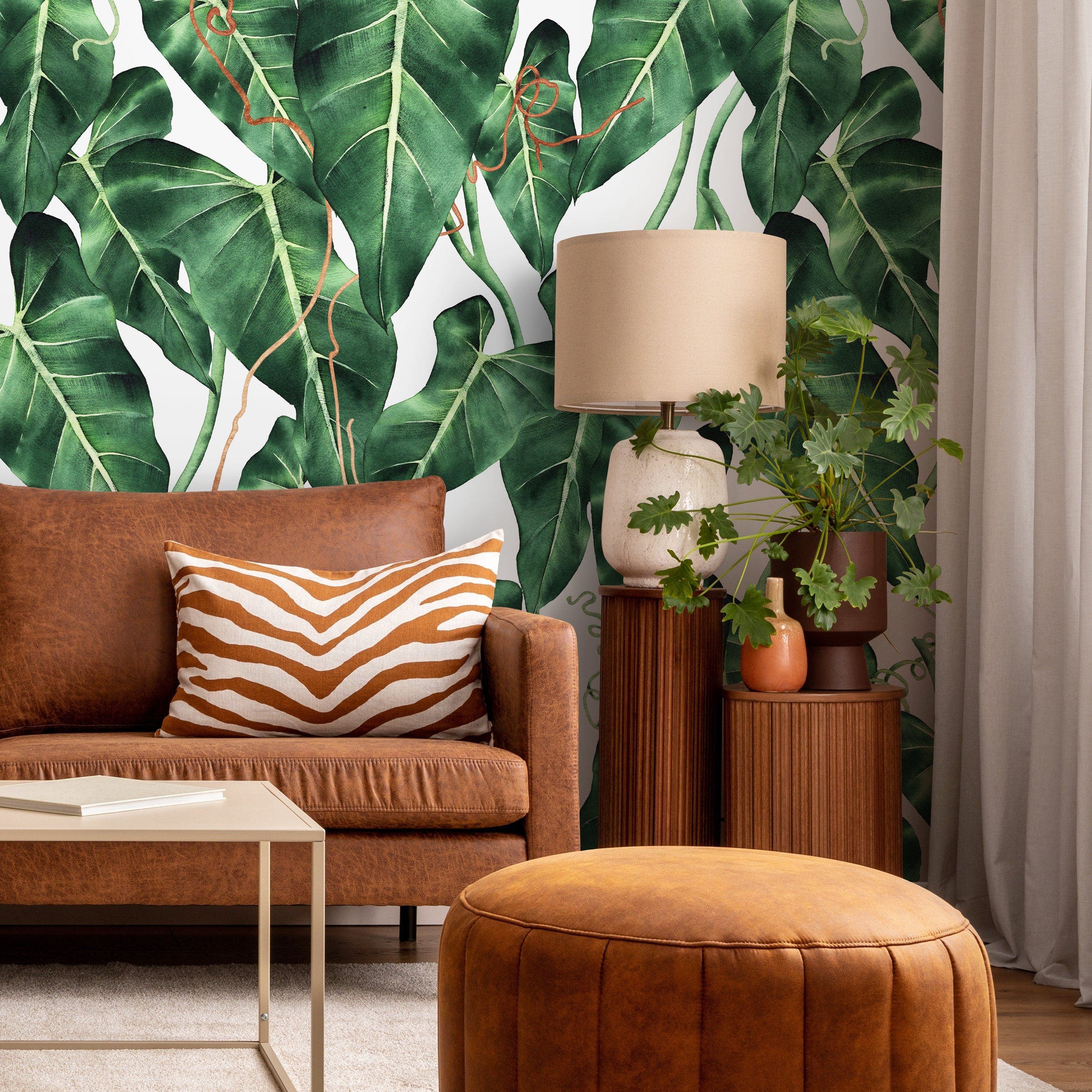 Tropical Wallpaper Featuring Lush Watercolor Leaves In Green And Brown - A842