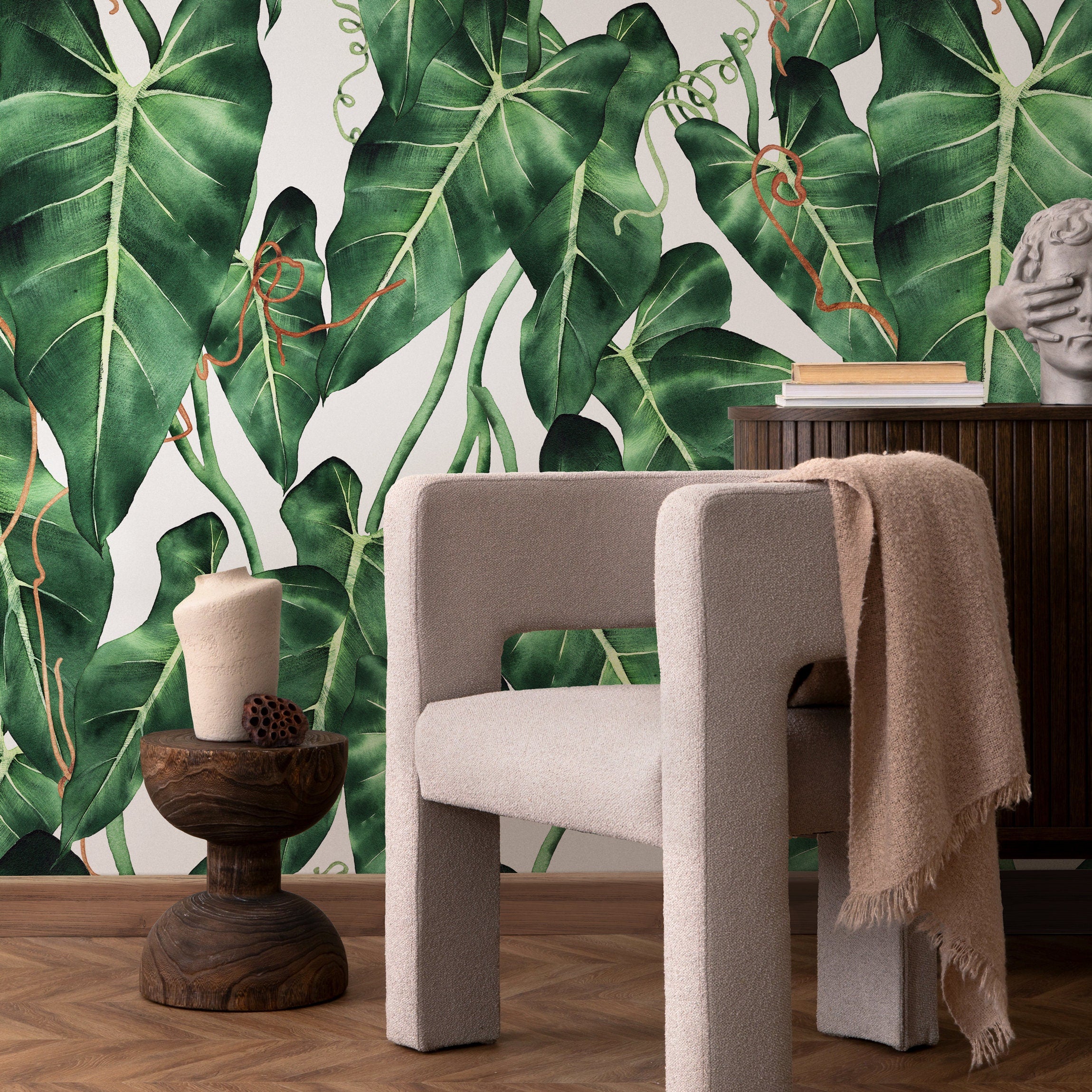 Tropical Wallpaper Featuring Lush Watercolor Leaves In Green And Brown - A842