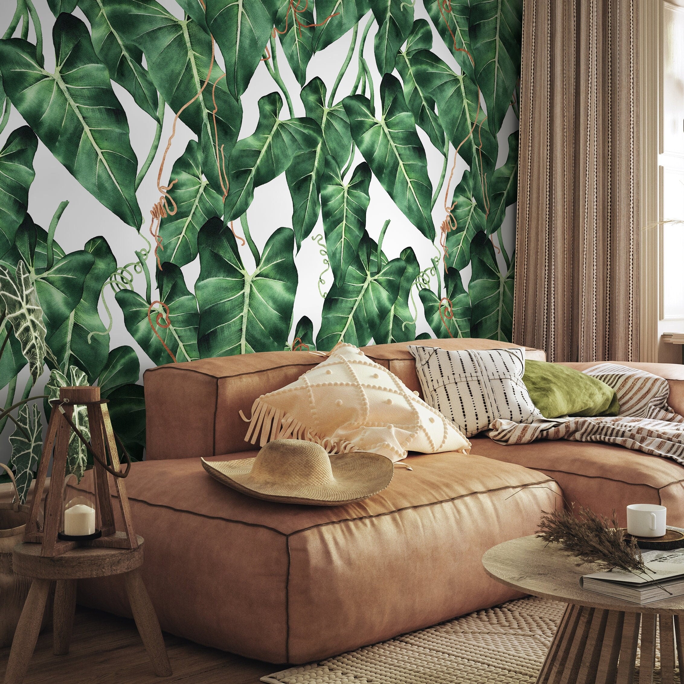 Tropical Wallpaper Featuring Lush Watercolor Leaves In Green And Brown - A842