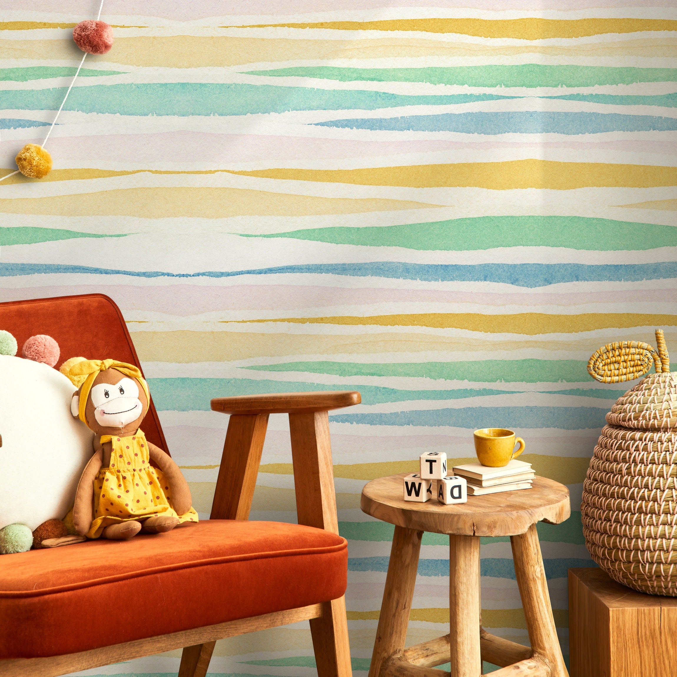 Watercolor Wallpaper With Wavy Stripes In Blue, Green, And Yellow - A133